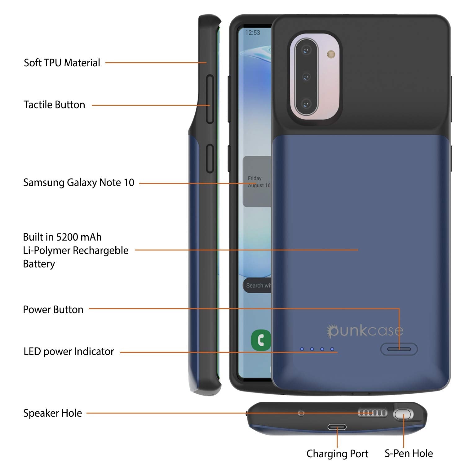 Carregador de bateria Galaxy Note 10 5200mAH com porta USB - Capa fina [Azul]