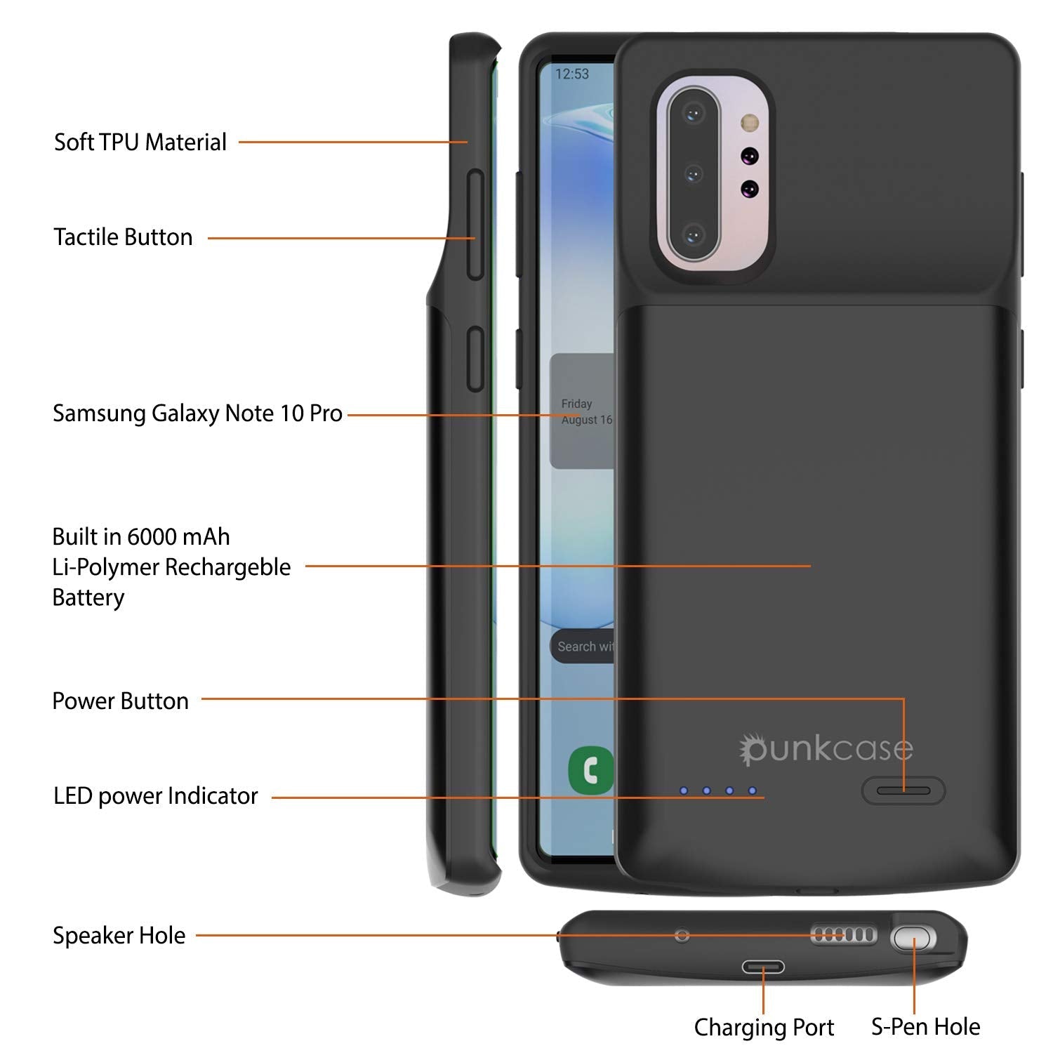 Carregador de Bateria Galaxy Note 10+ Plus 6000mAH com Porta USB e Capa Fina [Preto]