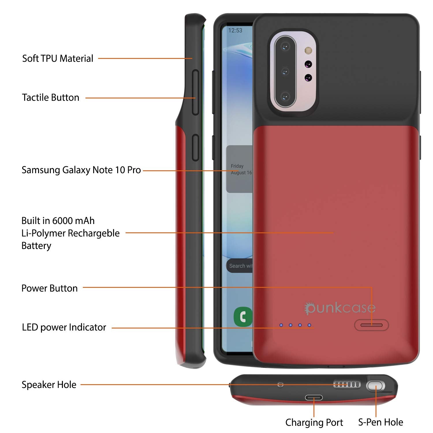 Carregador de bateria Galaxy Note 10+ Plus 6000mAh com porta USB e estojo fino [vermelho]