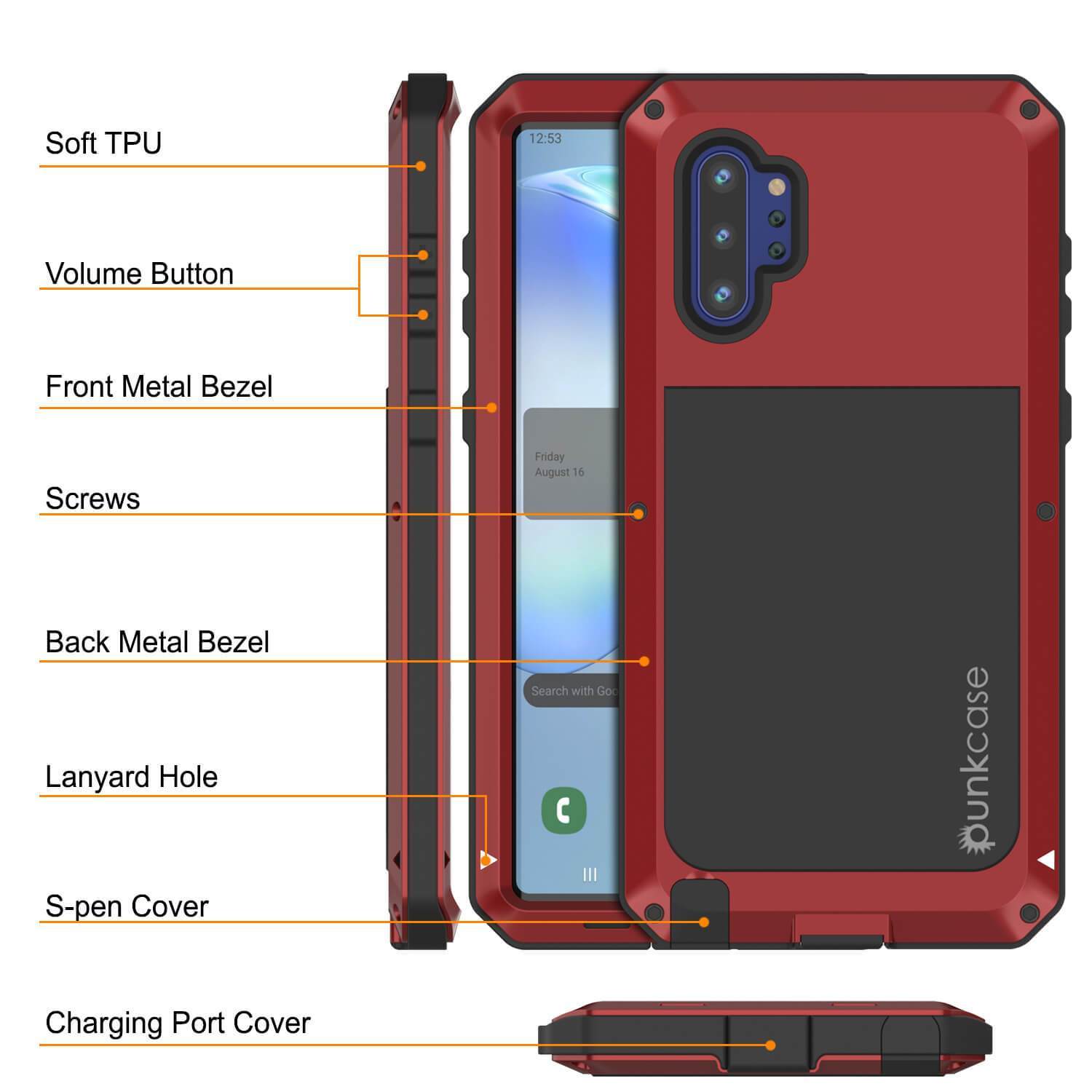 Capa Galaxy Note 10+ Plus, PUNKcase Metálica Vermelha à Prova de Choque Slim Metal Armor Case [Vermelho]