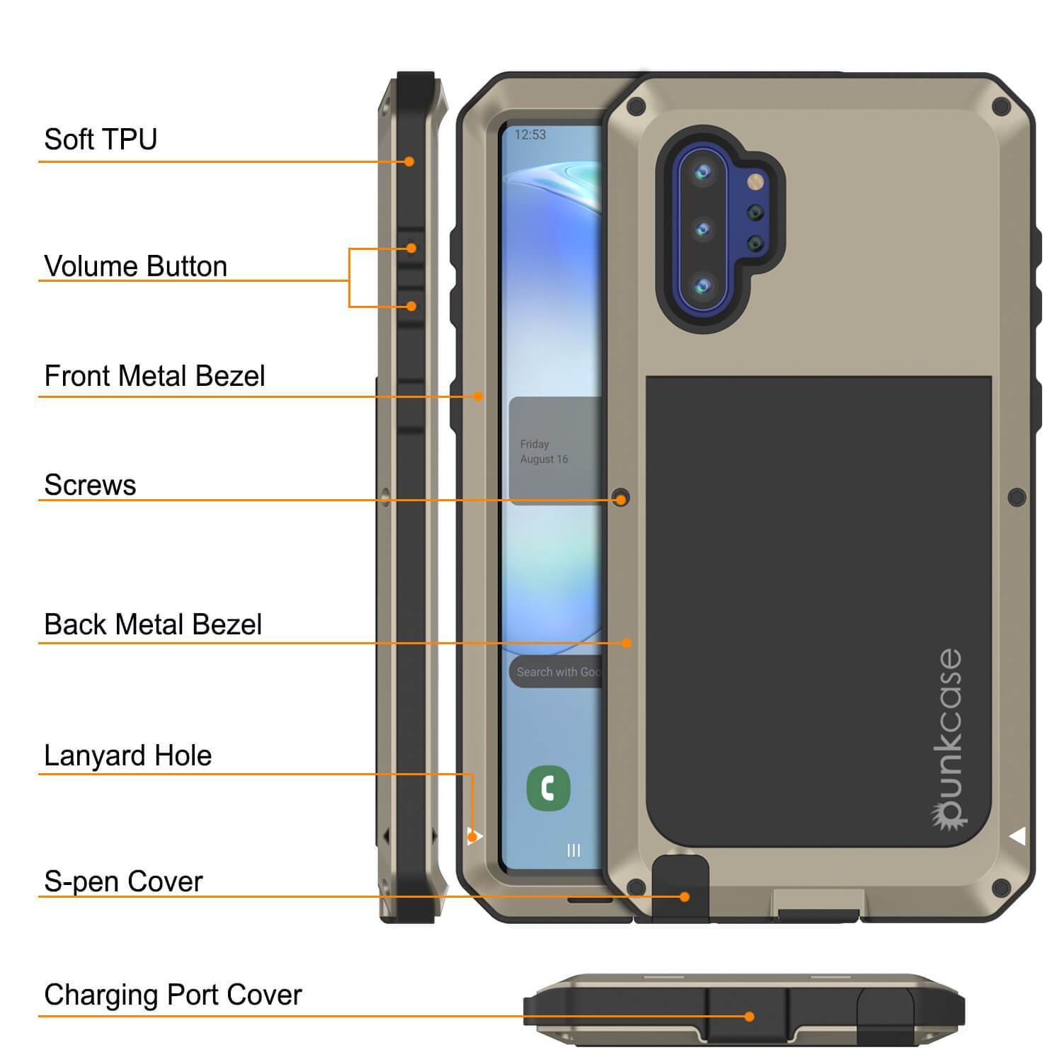Capa Galaxy Note 10+ Plus, PUNKcase Metálico Dourado à Prova de Choque, Capa de Armadura Metálica Fina [Dourado]