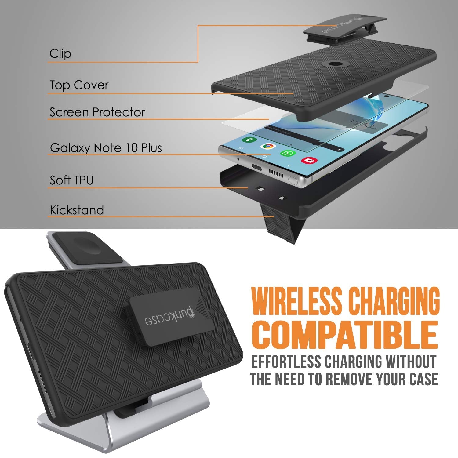 Capa PunkCase Galaxy Note 10+ Plus com protetor de tela, clipe de cinto e suporte embutido [preto]