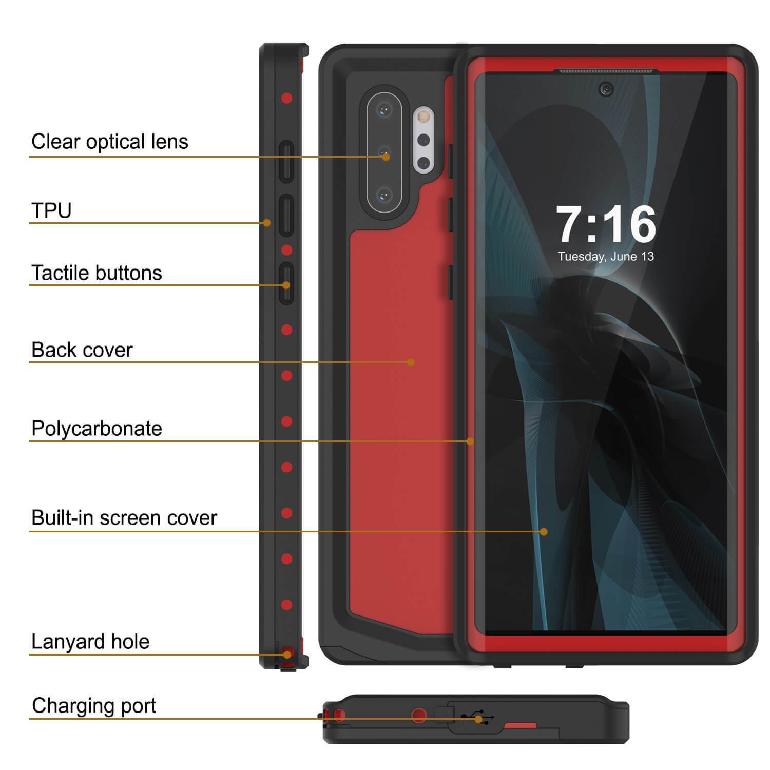 Capa à prova d'água Galaxy Note 10+ Plus, Série Vermelha Punkcase Studstar Thin Armor Cover