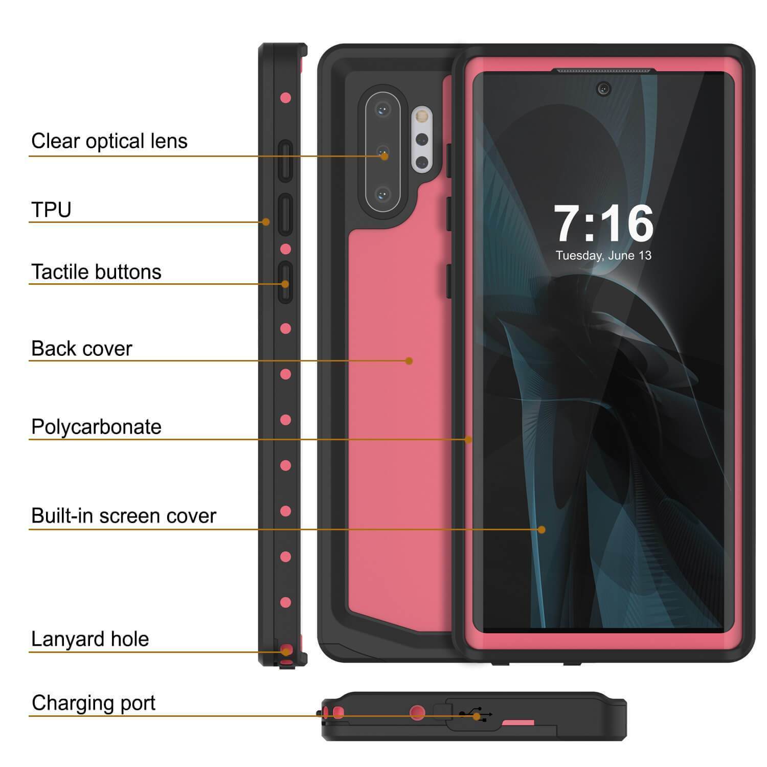 Capa à Prova d'Água Galaxy Note 10+ Plus, Punkcase Studstar Rosa Cobertura Fina de Armadura