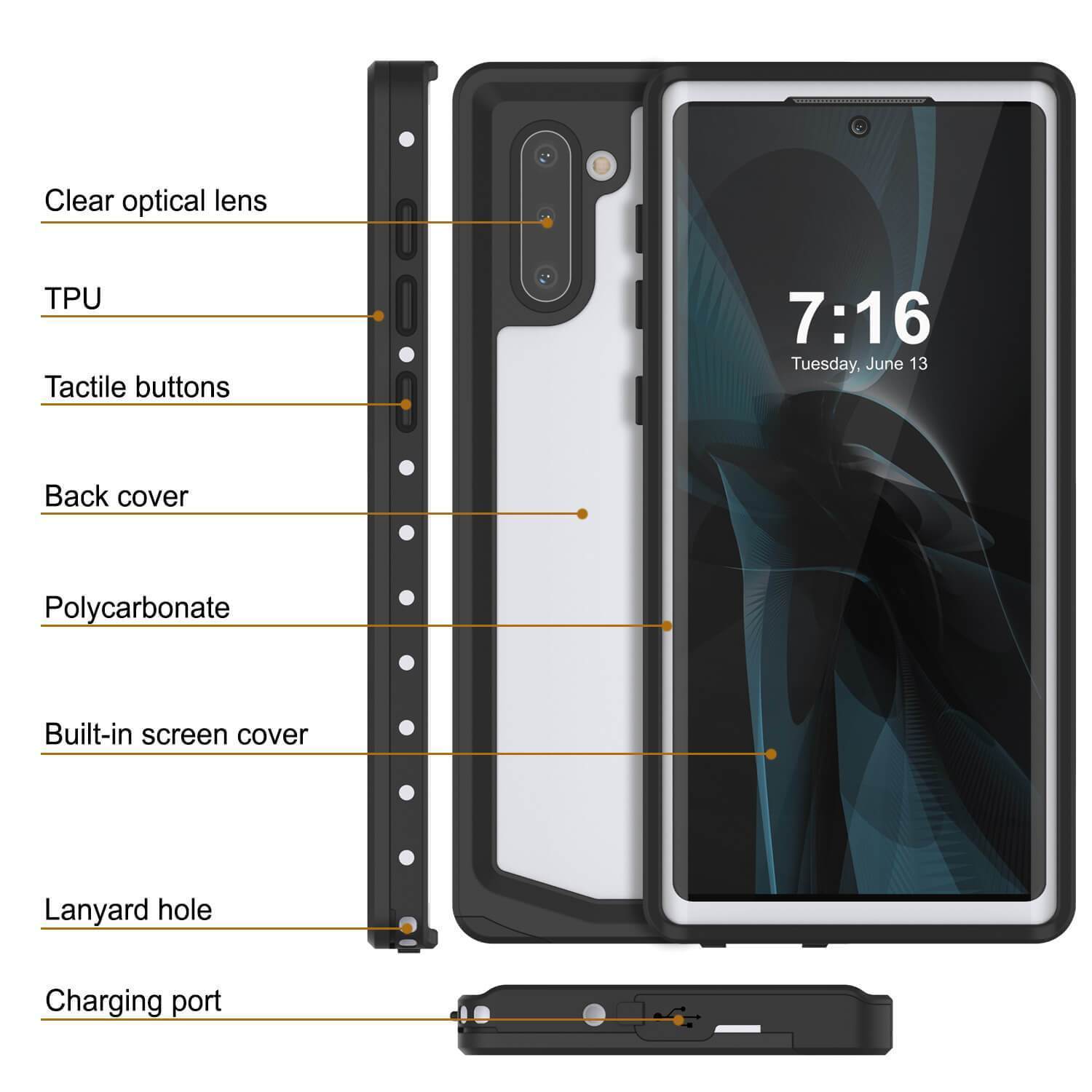 Capa à prova d'água Galaxy Note 10, Punkcase Studstar Branco Capa Fina de Armadura
