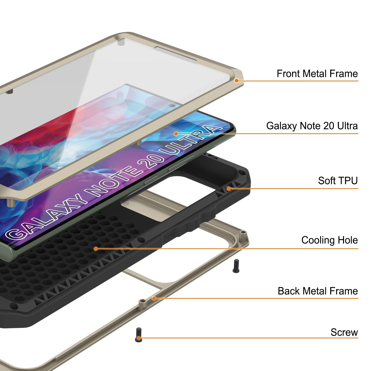 Capa Galaxy Note 20 Ultra, Capa metálica à prova de choque PUNKcase Metallic Gold Slim Metal Armor [Ouro]