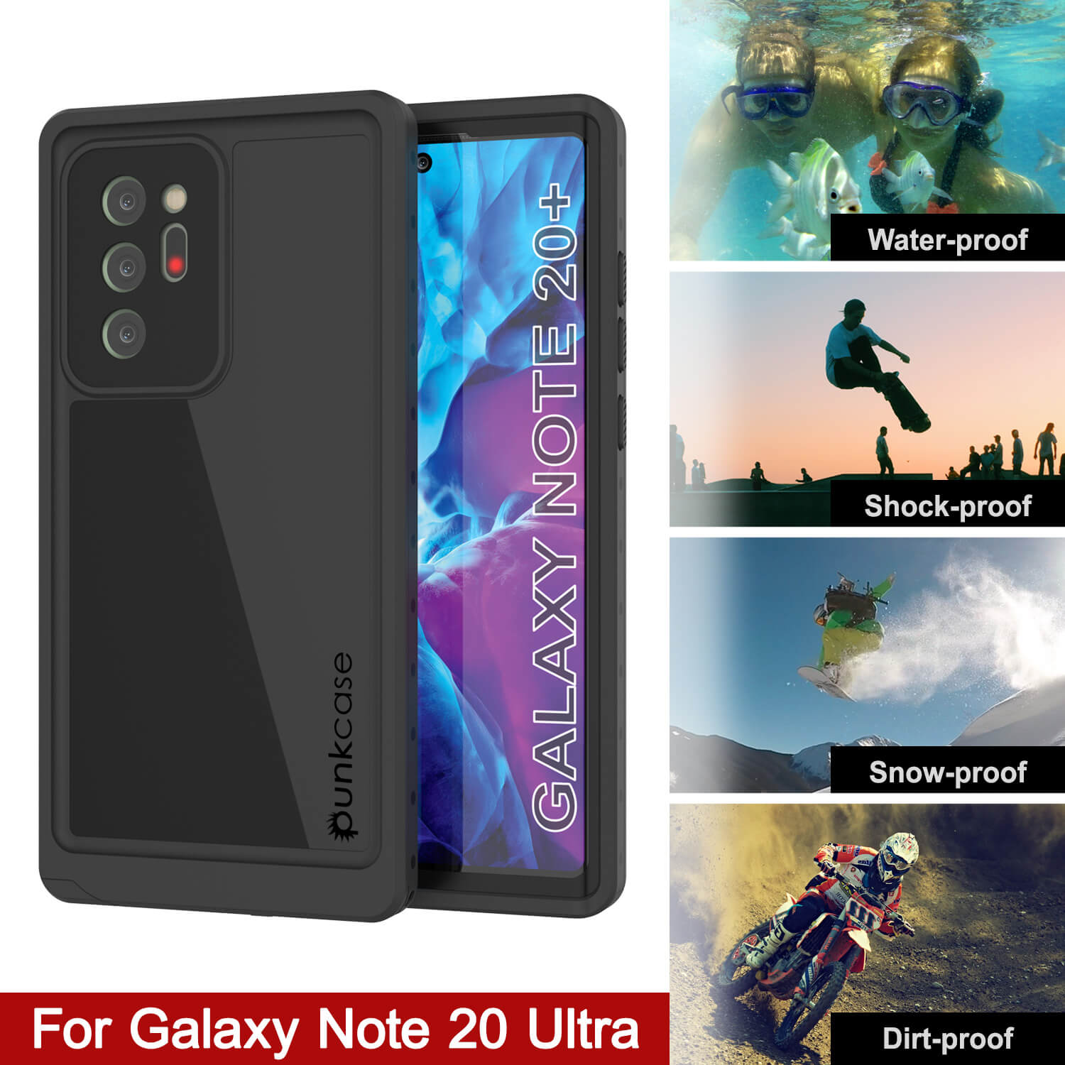 Capa à prova d'água Galaxy Note 20 Ultra, capa fina de armadura preta Punkcase Studstar.