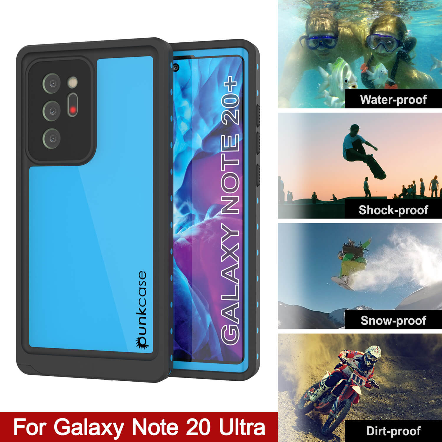 Capa impermeável para Galaxy Note 20 Ultra, Punkcase Studstar Light Blue Thin Armor Cover