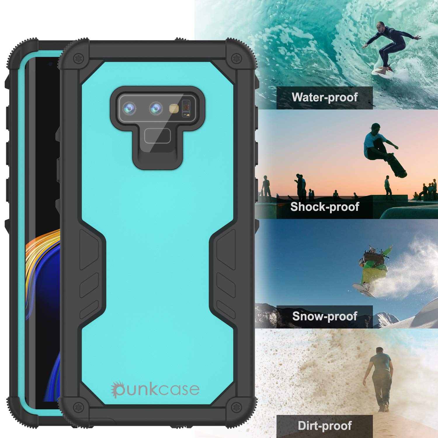 Capa à prova d'água Punkcase Galaxy Note 9 [Série Navy Seal Extreme] Cobertura de armadura com protetor de tela embutido [Azul-petróleo]