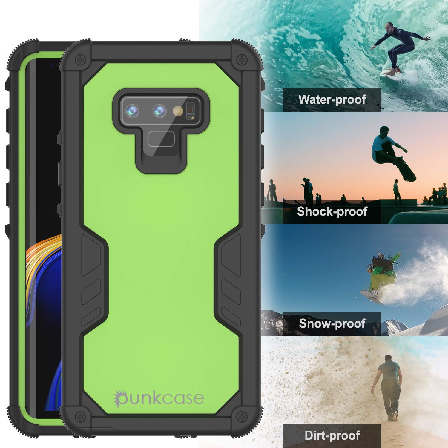 Capa à prova de água Punkcase Galaxy Note 9 [Série Navy Seal Extreme] Capa protetora de armadura com protetor de tela embutido [Verde Claro]
