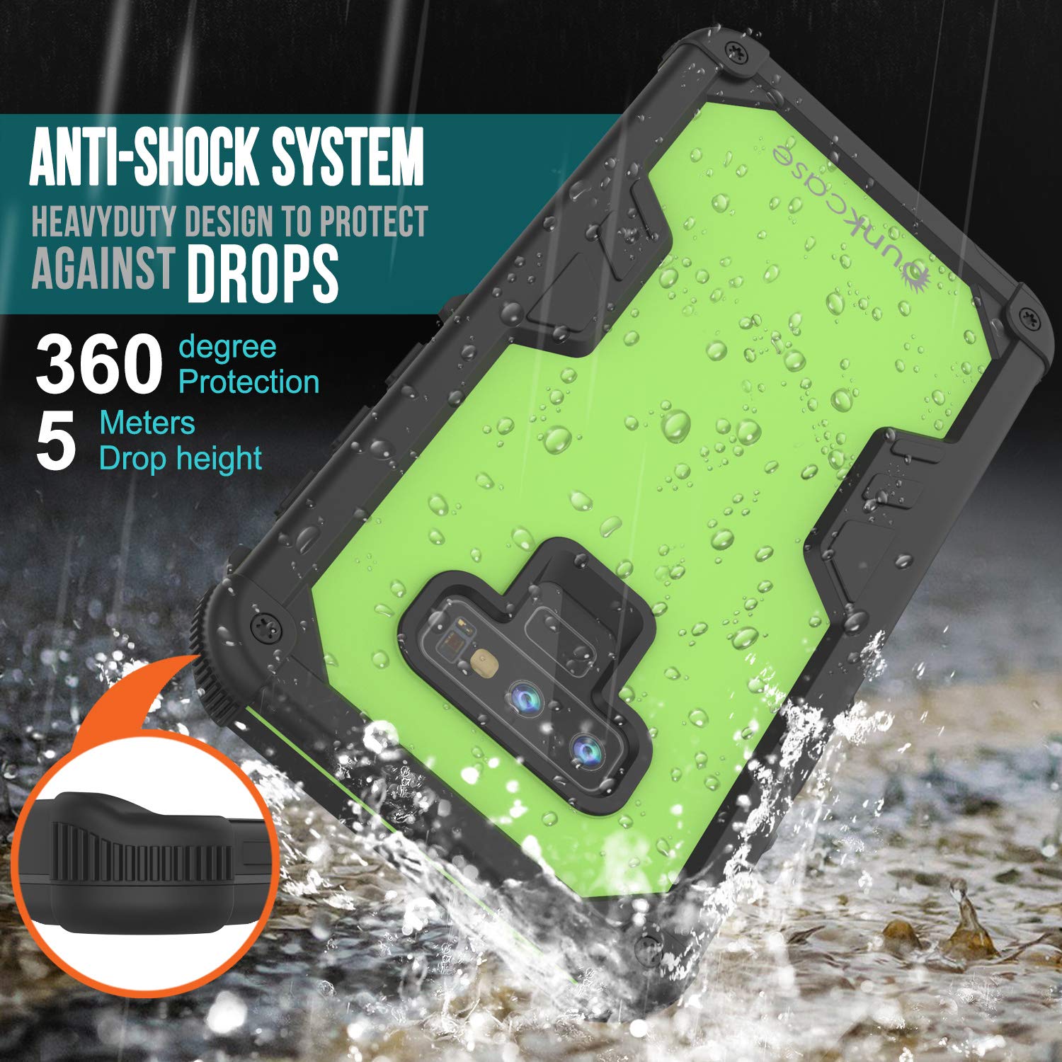 Capa à prova de água Punkcase Galaxy Note 9 [Série Navy Seal Extreme] Capa protetora de armadura com protetor de tela embutido [Verde Claro]