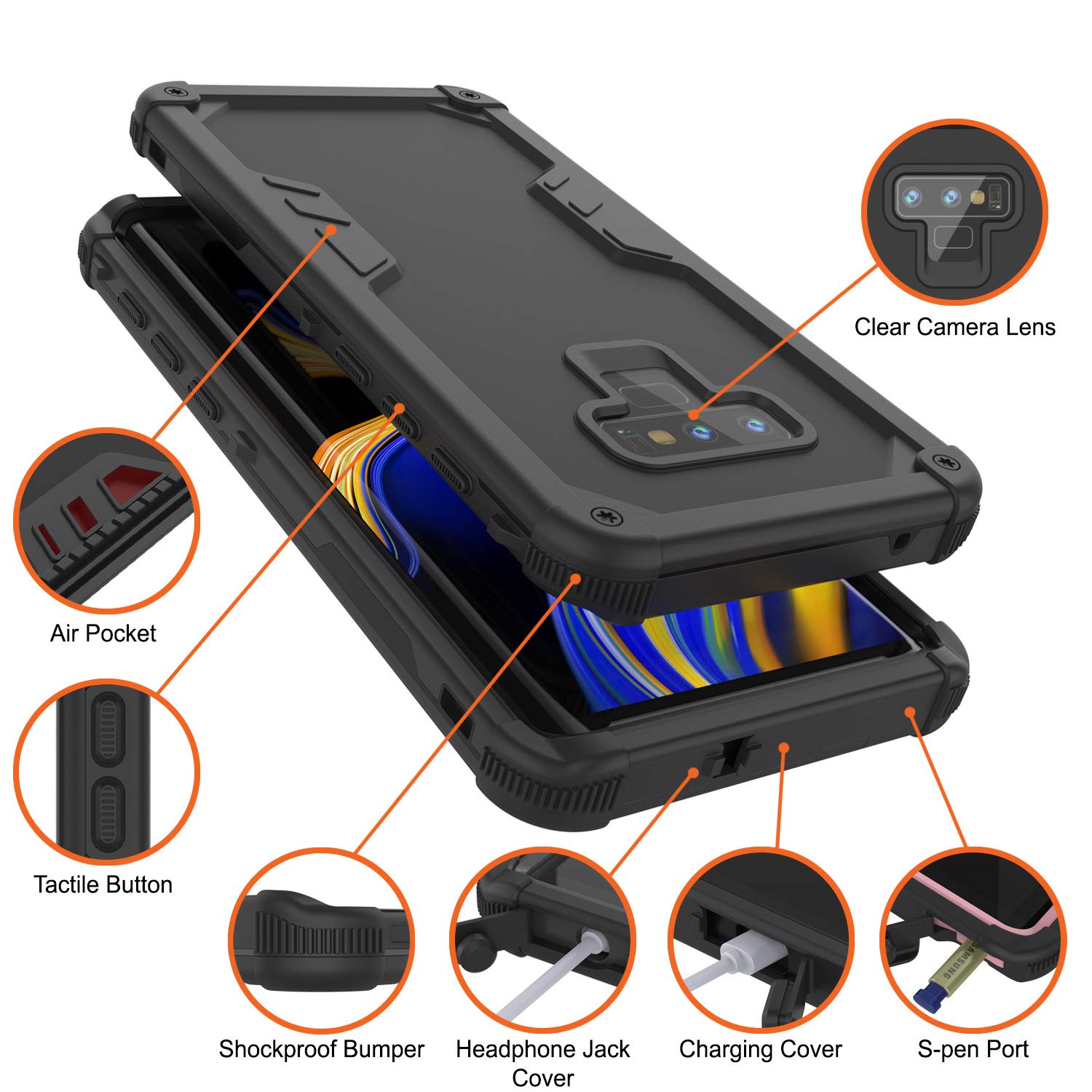 Capa à prova d'água Punkcase Galaxy Note 9 [Série Navy Seal Extreme] Cobertura de armadura com protetor de tela embutido [Preto]