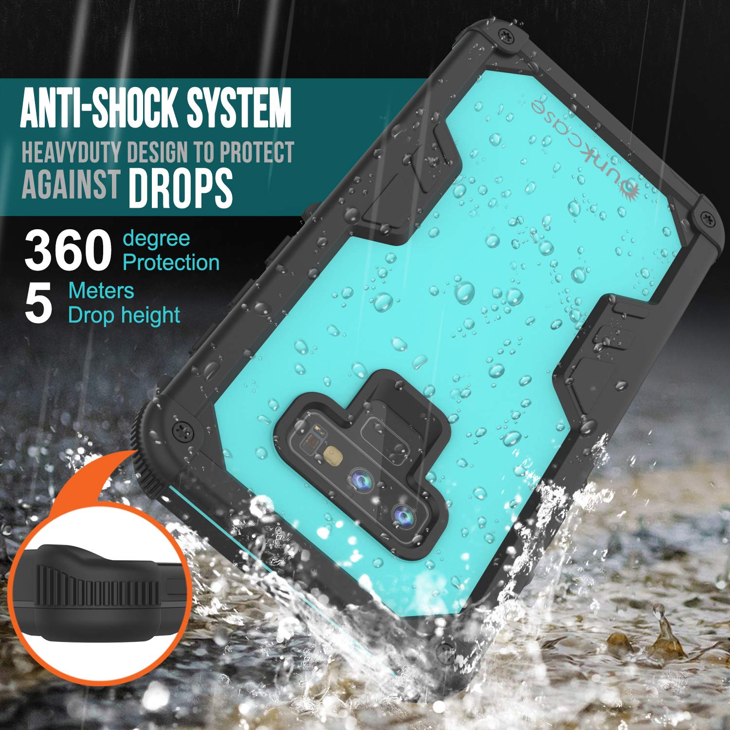 Capa à prova d'água Punkcase Galaxy Note 9 [Série Navy Seal Extreme] Cobertura de armadura com protetor de tela embutido [Azul-petróleo]