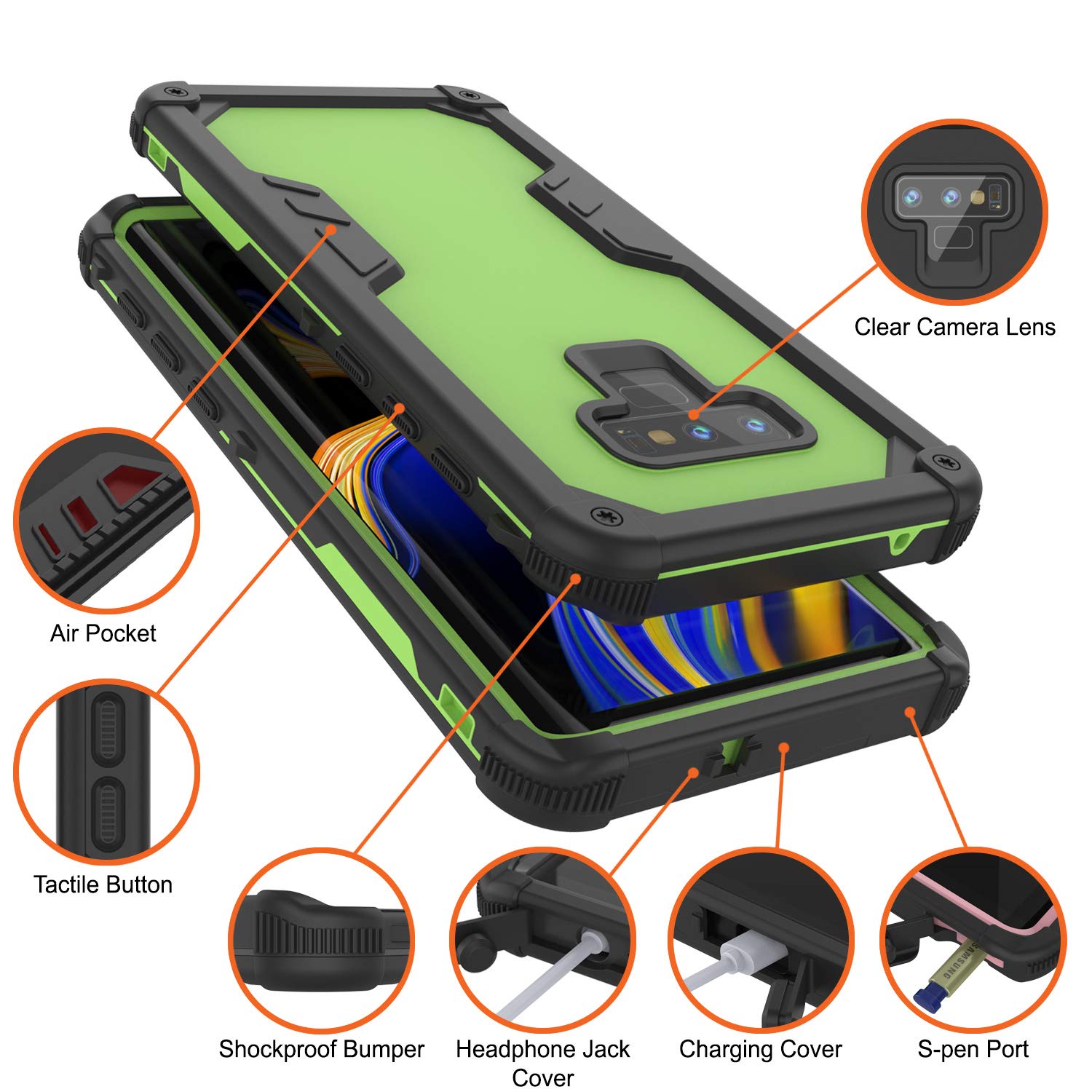 Capa à prova de água Punkcase Galaxy Note 9 [Série Navy Seal Extreme] Capa protetora de armadura com protetor de tela embutido [Verde Claro]