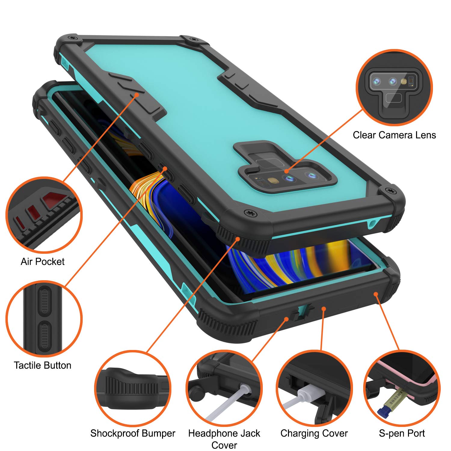 Capa à prova d'água Punkcase Galaxy Note 9 [Série Navy Seal Extreme] Cobertura de armadura com protetor de tela embutido [Azul-petróleo]