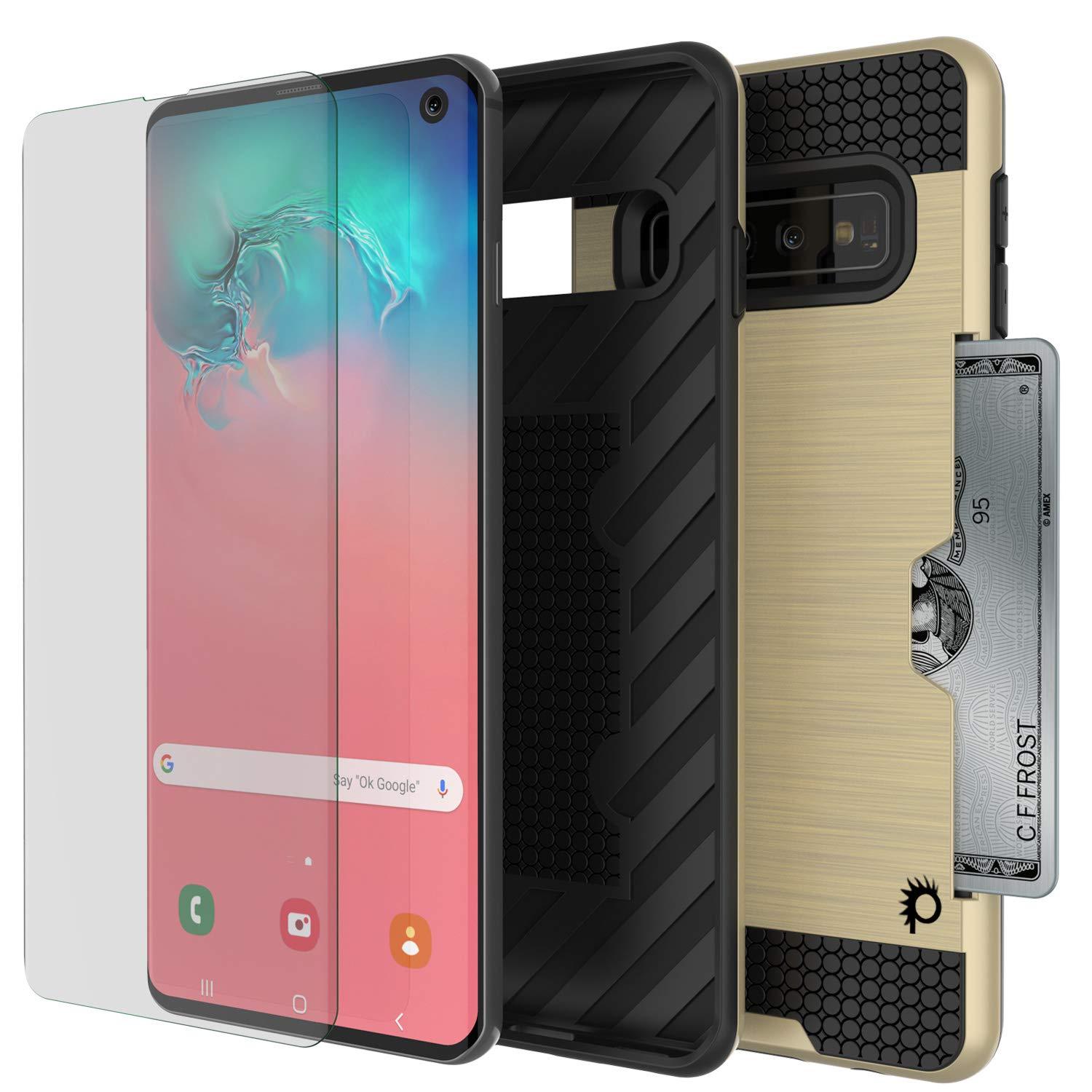 Capa Galaxy S10, PUNKcase [Série SLOT] [Ajuste Slim] Capa de armadura de duas camadas com Sistema Integrado Anti-Choque, Slot para cartão de crédito [Dourado]