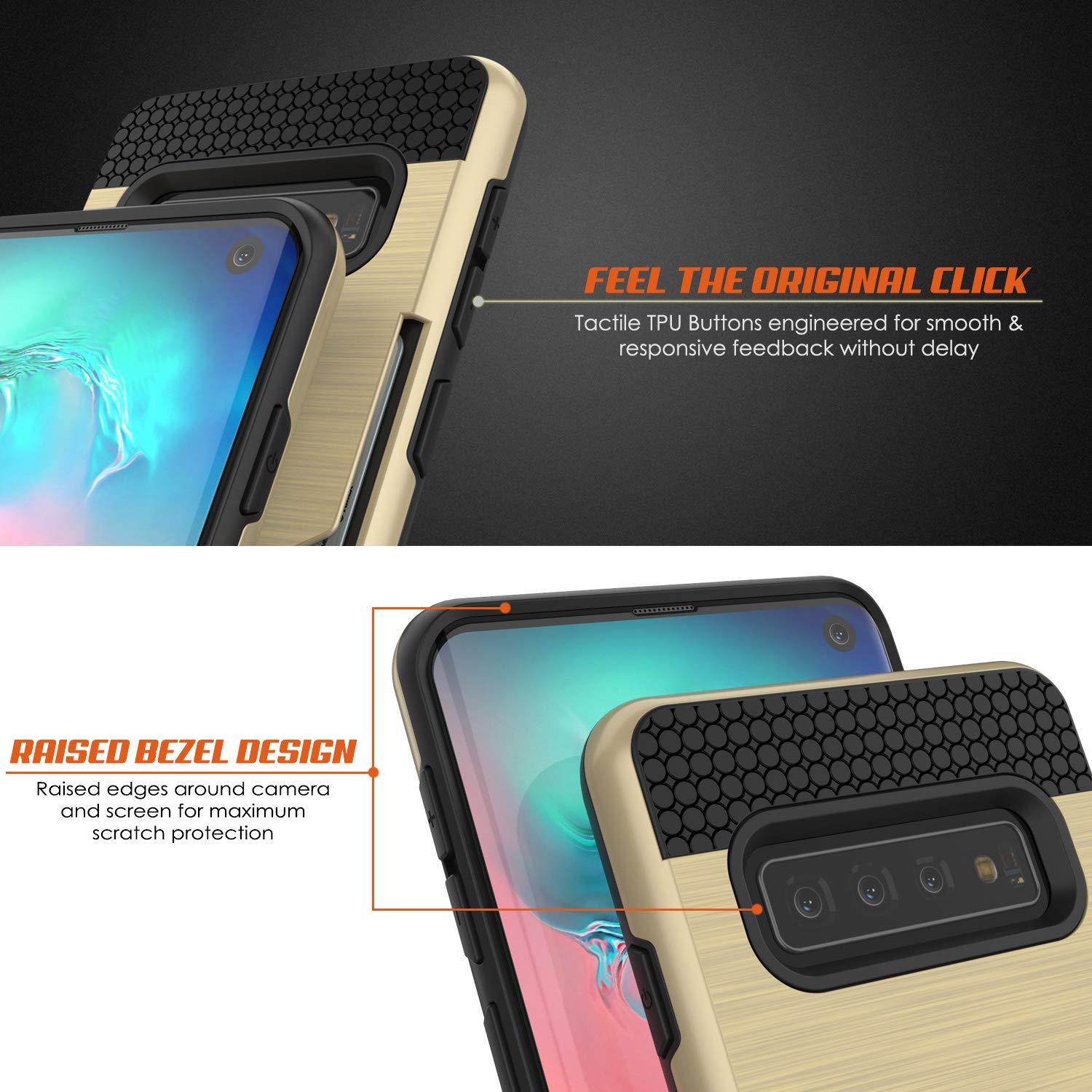 Capa Galaxy S10, PUNKcase [Série SLOT] [Ajuste Slim] Capa de armadura de duas camadas com Sistema Integrado Anti-Choque, Slot para cartão de crédito [Dourado]