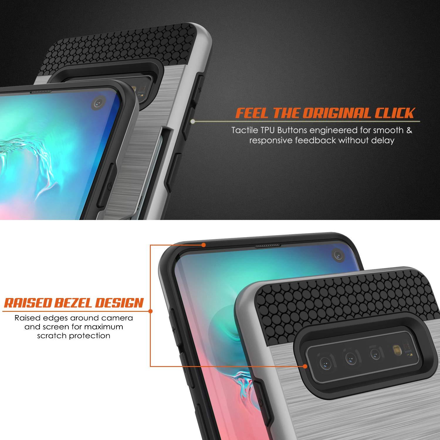 Capa Galaxy S10, PUNKcase [Série SLOT] [Ajuste Fino] Capa de Armadura de Dupla Camada com Sistema Anti-Choque Integrado, Slot para Cartão de Crédito [Prateado]