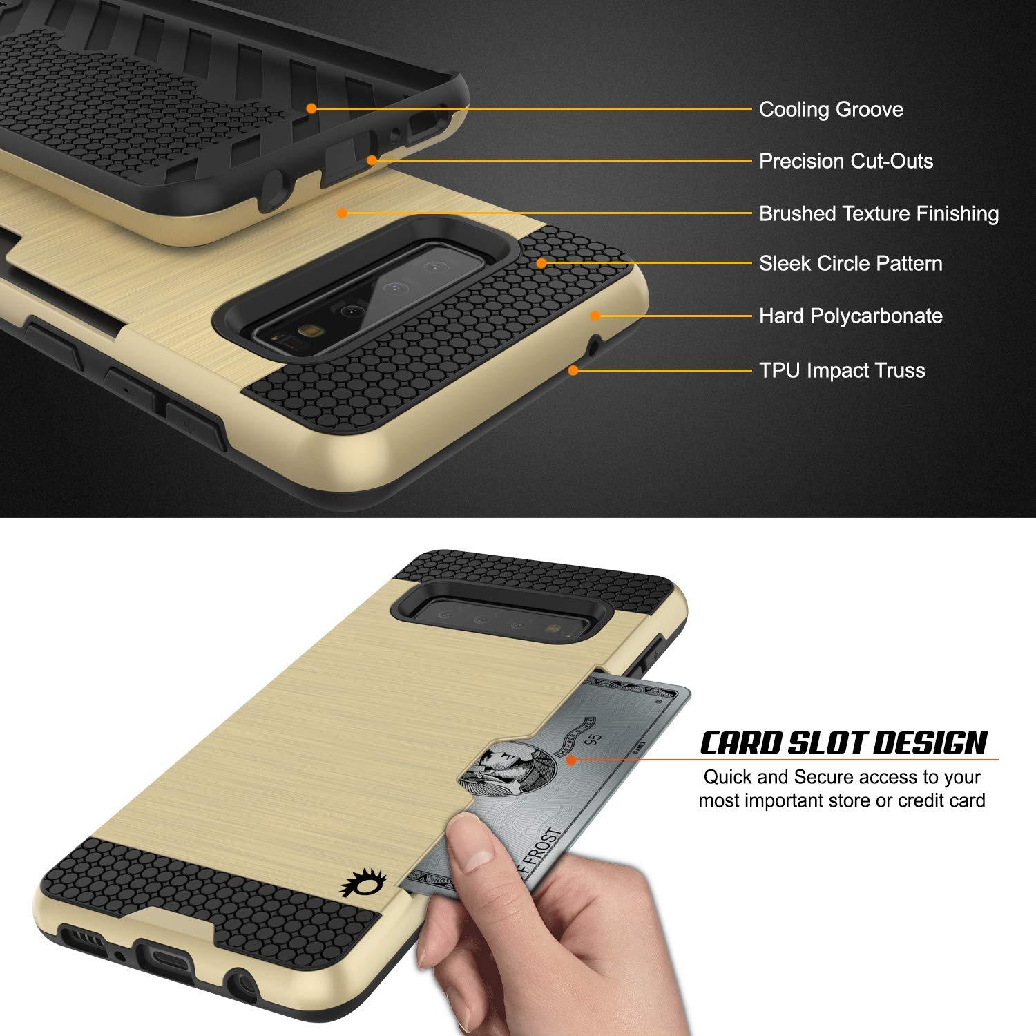 Capa Galaxy S10, PUNKcase [Série SLOT] [Ajuste Slim] Capa de armadura de duas camadas com Sistema Integrado Anti-Choque, Slot para cartão de crédito [Dourado]