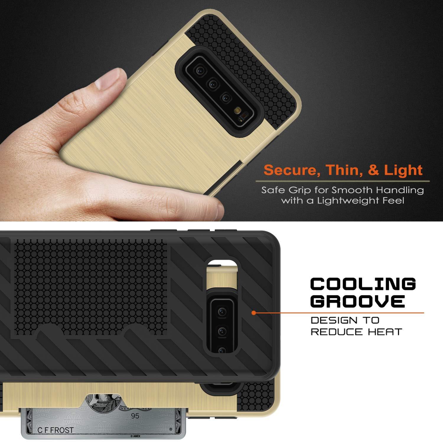 Capa Galaxy S10, PUNKcase [Série SLOT] [Ajuste Slim] Capa de armadura de duas camadas com Sistema Integrado Anti-Choque, Slot para cartão de crédito [Dourado]