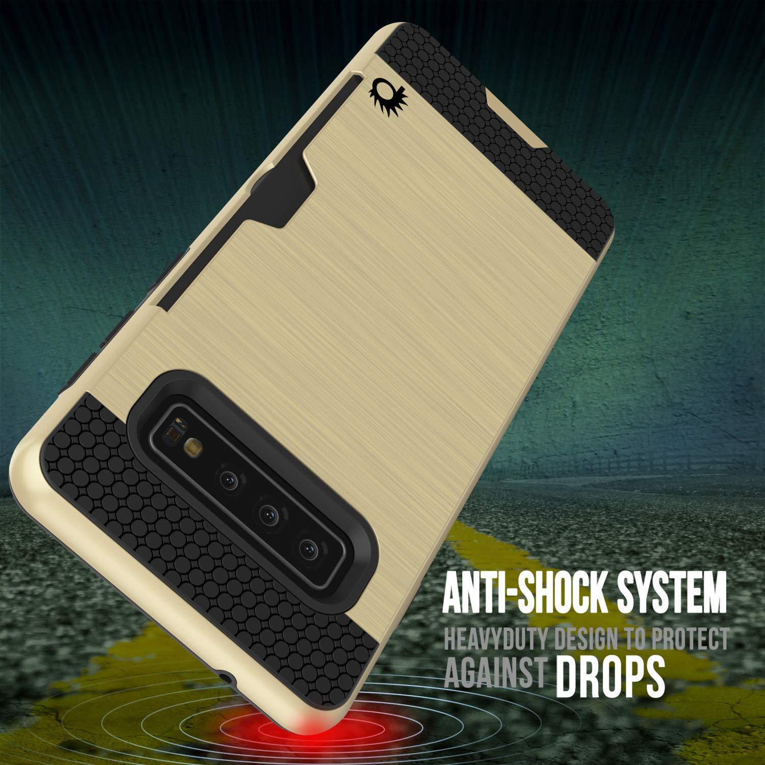 Capa Galaxy S10, PUNKcase [Série SLOT] [Ajuste Slim] Capa de armadura de duas camadas com Sistema Integrado Anti-Choque, Slot para cartão de crédito [Dourado]