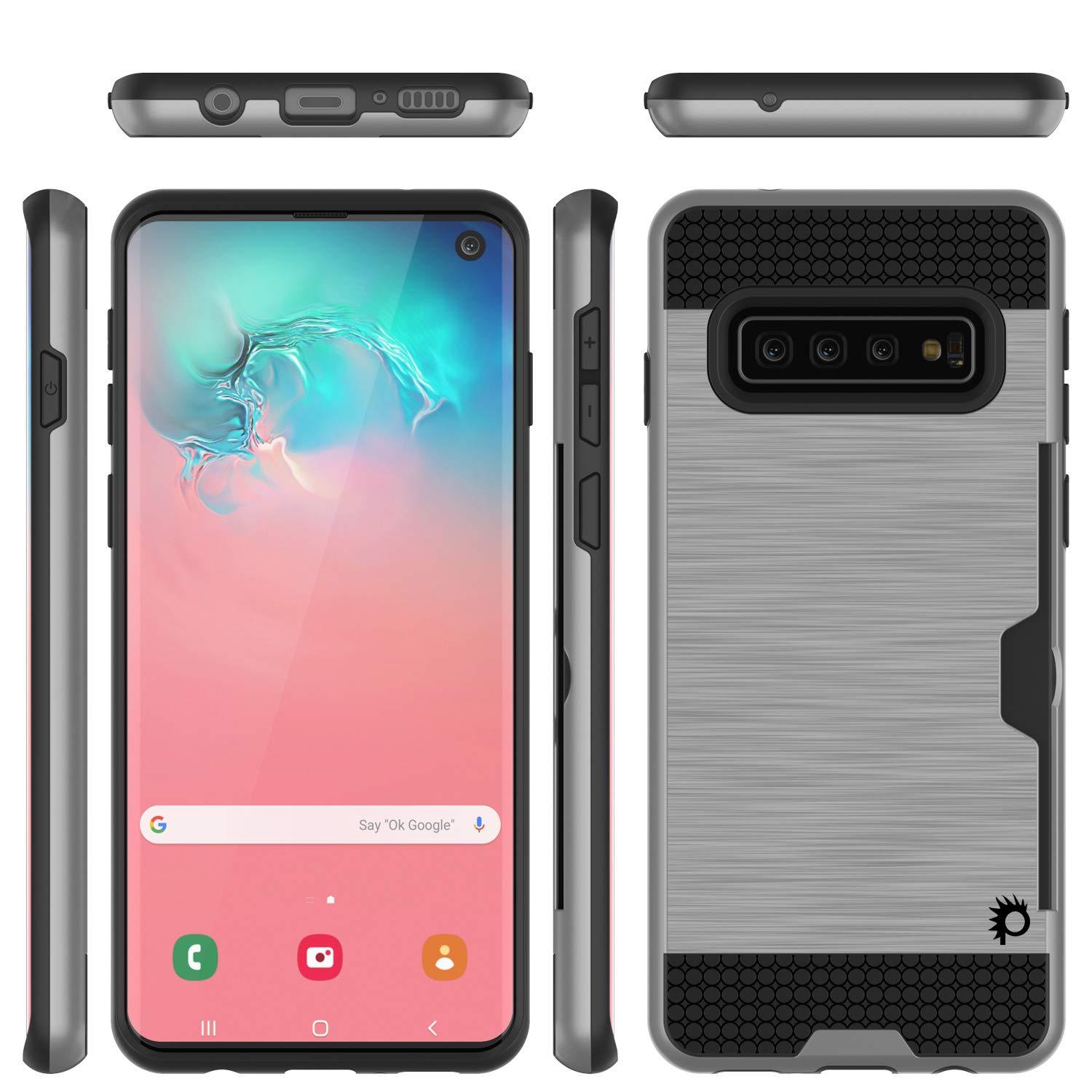 Capa Galaxy S10, PUNKcase [Série SLOT] [Ajuste Fino] Capa de Armadura de Dupla Camada com Sistema Anti-Choque Integrado, Slot para Cartão de Crédito [Prateado]