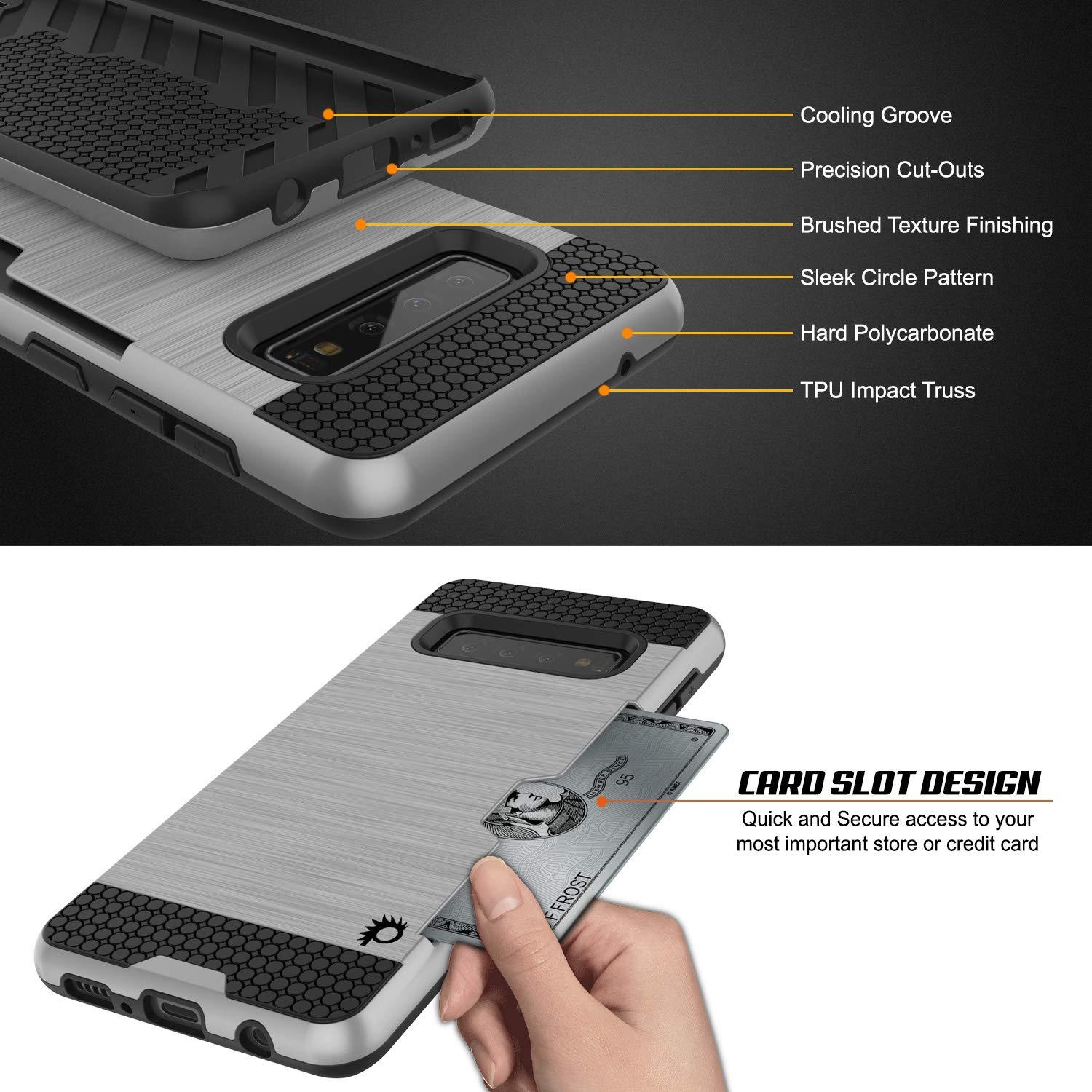 Capa Galaxy S10, PUNKcase [Série SLOT] [Ajuste Fino] Capa de Armadura de Dupla Camada com Sistema Anti-Choque Integrado, Slot para Cartão de Crédito [Prateado]