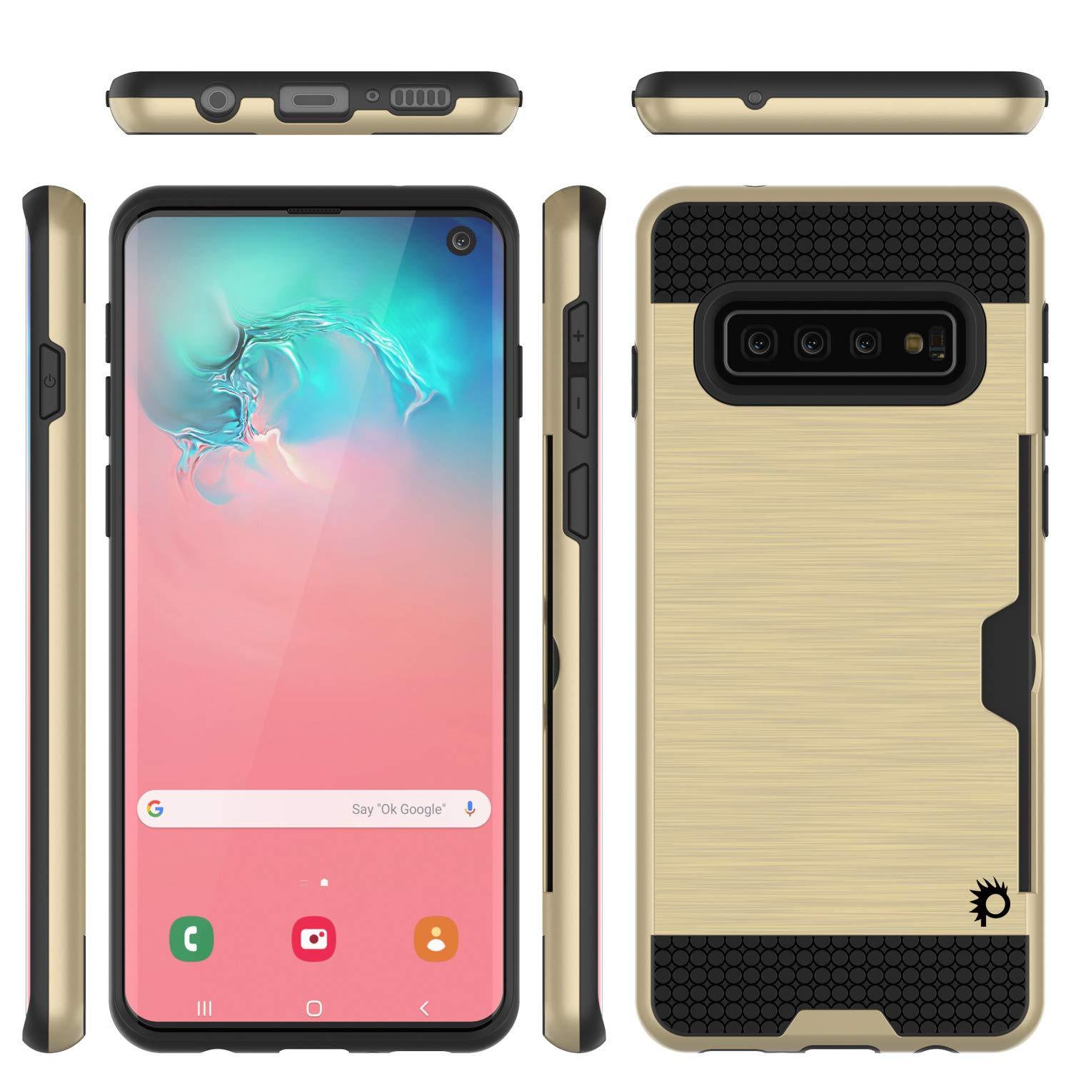 Capa Galaxy S10, PUNKcase [Série SLOT] [Ajuste Slim] Capa de armadura de duas camadas com Sistema Integrado Anti-Choque, Slot para cartão de crédito [Dourado]