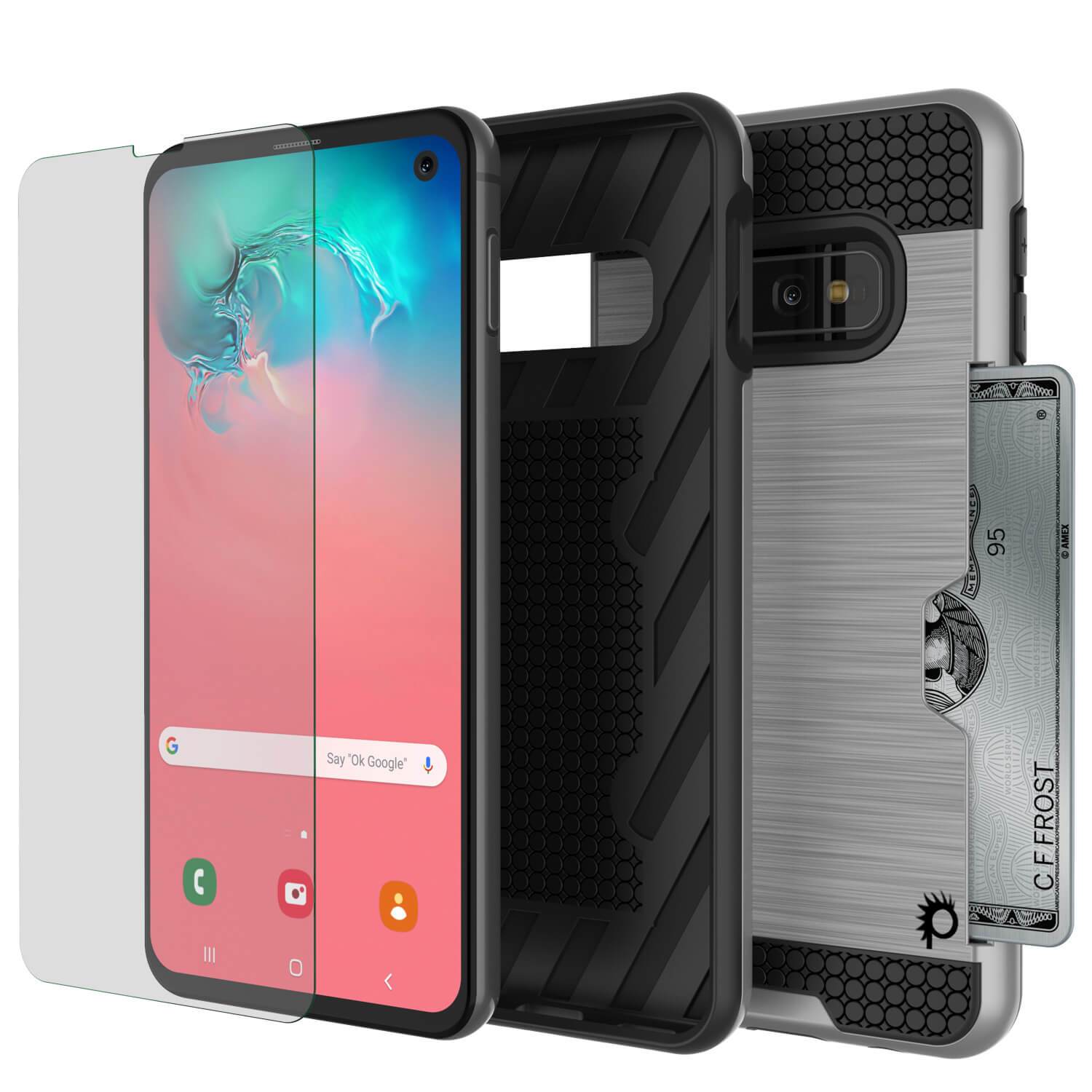 Capa Galaxy S10e, PUNKcase [Série SLOT] [Ajuste Fino] Capa de Armadura de Dupla Camada com Sistema Anti-Choque Integrado, Slot para Cartão de Crédito [Prateado]