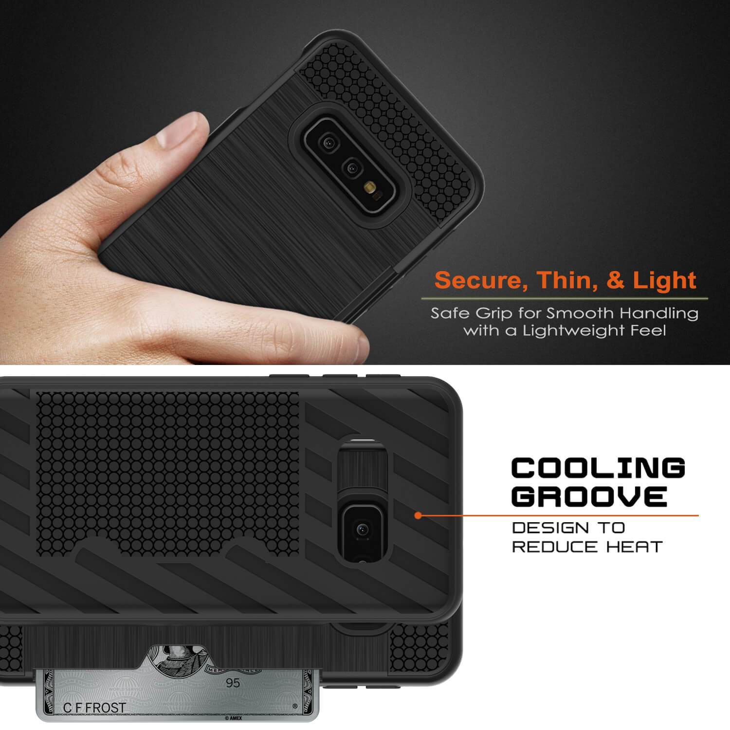 Capa Galaxy S10e, PUNKcase [Série SLOT] [Ajuste Slim] Capa de Armadura de Dupla Camada com Sistema Antichoque Integrado, Slot para Cartão de Crédito [Preto]
