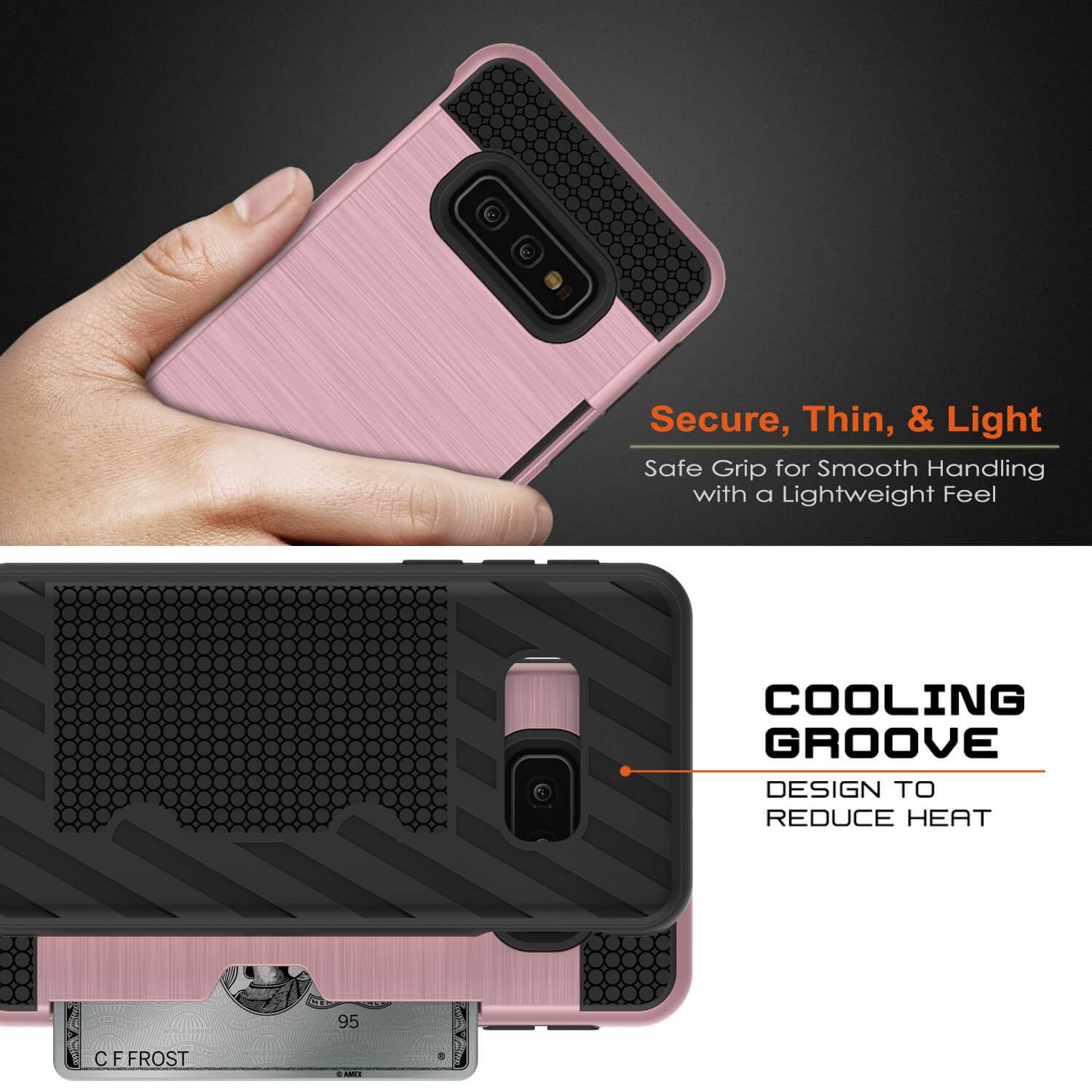 Capa Galaxy S10e, PUNKcase [Série SLOT] [Ajuste Slim] Capa de Armadura de Dupla Camada com Sistema Anti-Choque Integrado, Slot de Cartão de Crédito [Ouro Rosa]