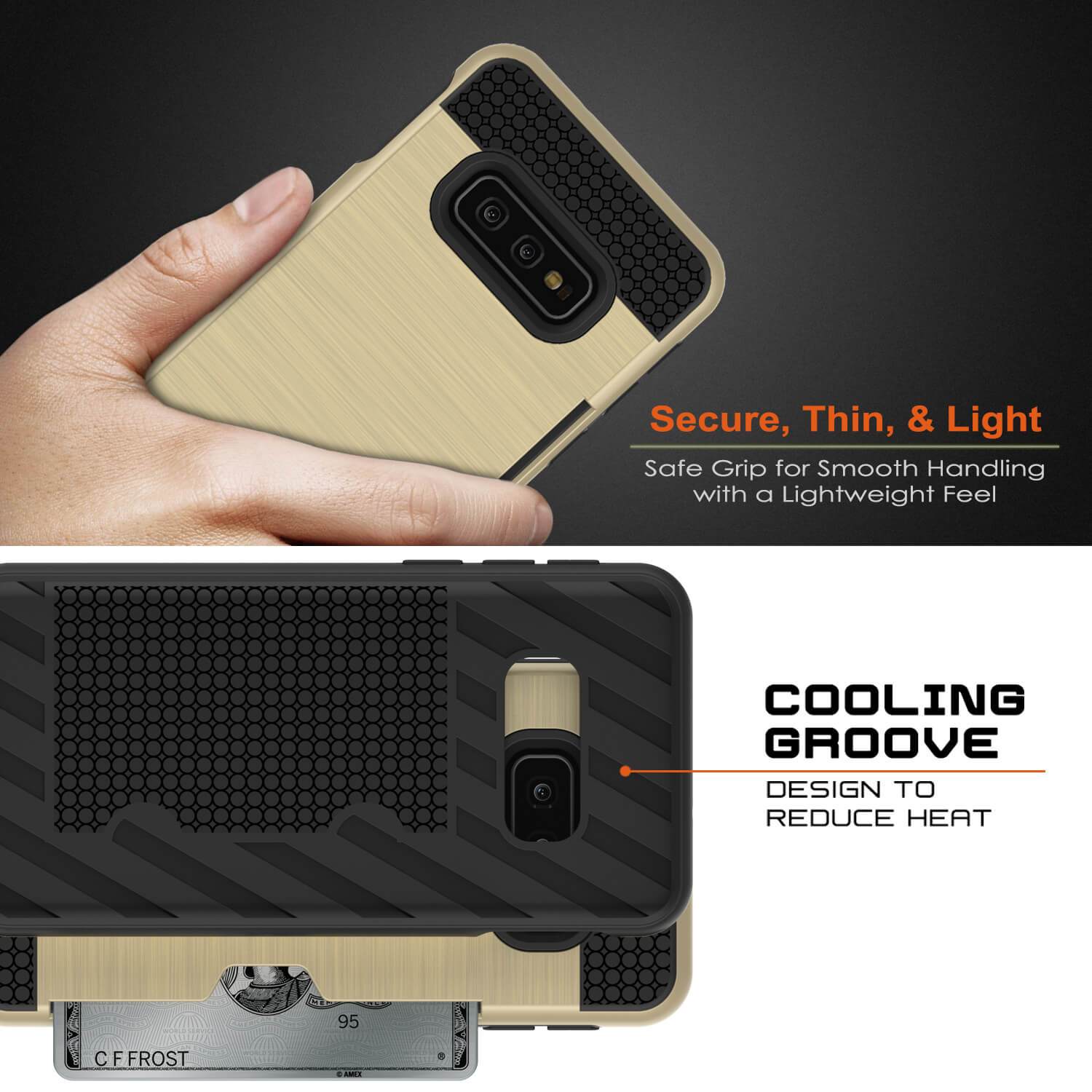 Capa para Galaxy S10e, PUNKcase [Série SLOT] [Ajuste Slim] Capa de Armadura de Dupla Camada com Sistema Anti-Choque Integrado, Slot para Cartão de Crédito [Dourado]