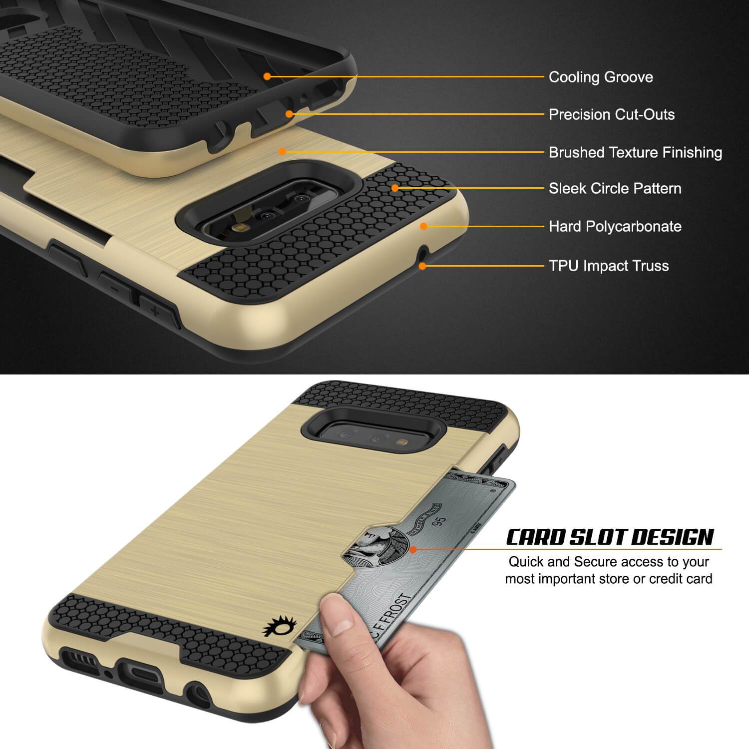 Capa para Galaxy S10e, PUNKcase [Série SLOT] [Ajuste Slim] Capa de Armadura de Dupla Camada com Sistema Anti-Choque Integrado, Slot para Cartão de Crédito [Dourado]
