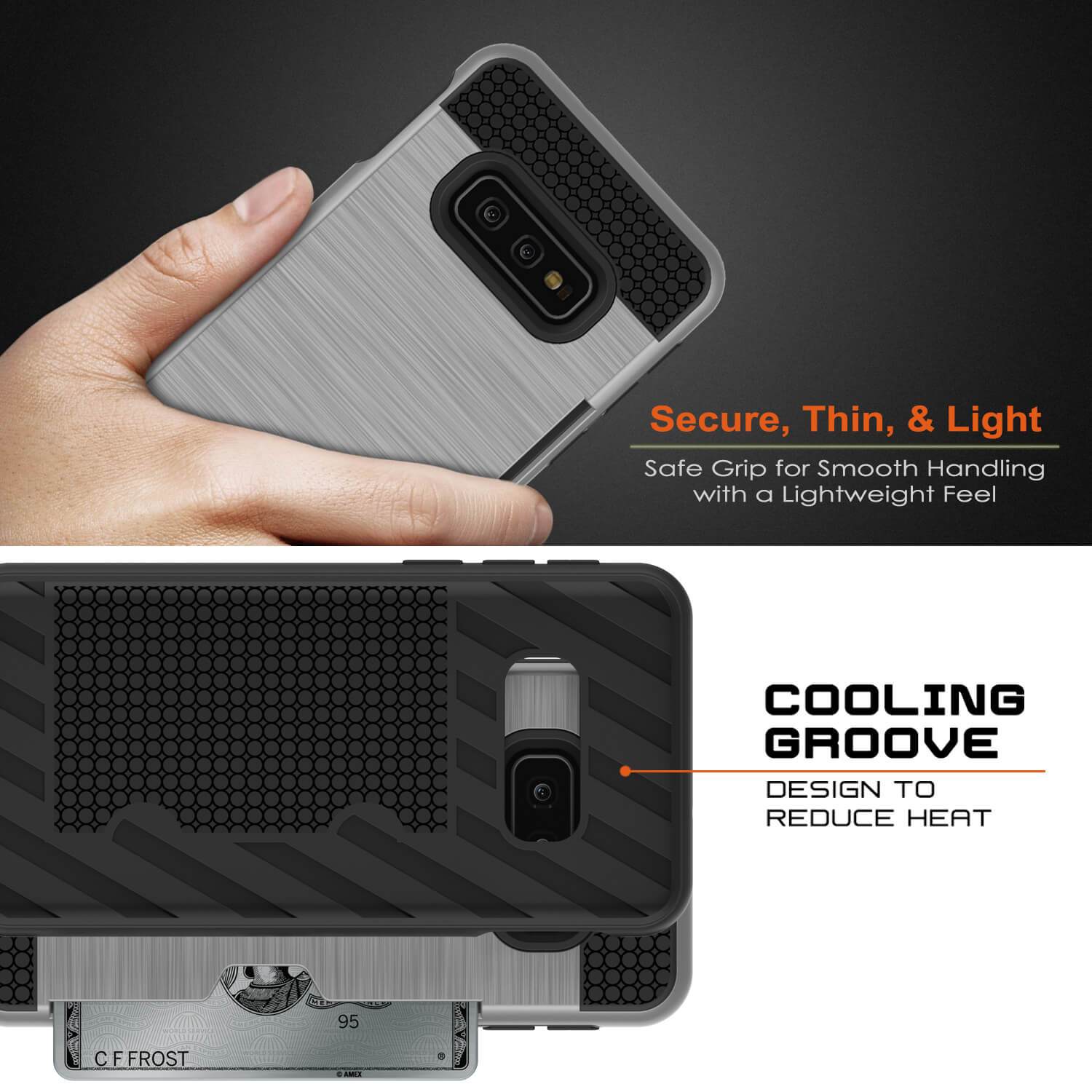 Capa Galaxy S10e, PUNKcase [Série SLOT] [Ajuste Fino] Capa de Armadura de Dupla Camada com Sistema Anti-Choque Integrado, Slot para Cartão de Crédito [Prateado]