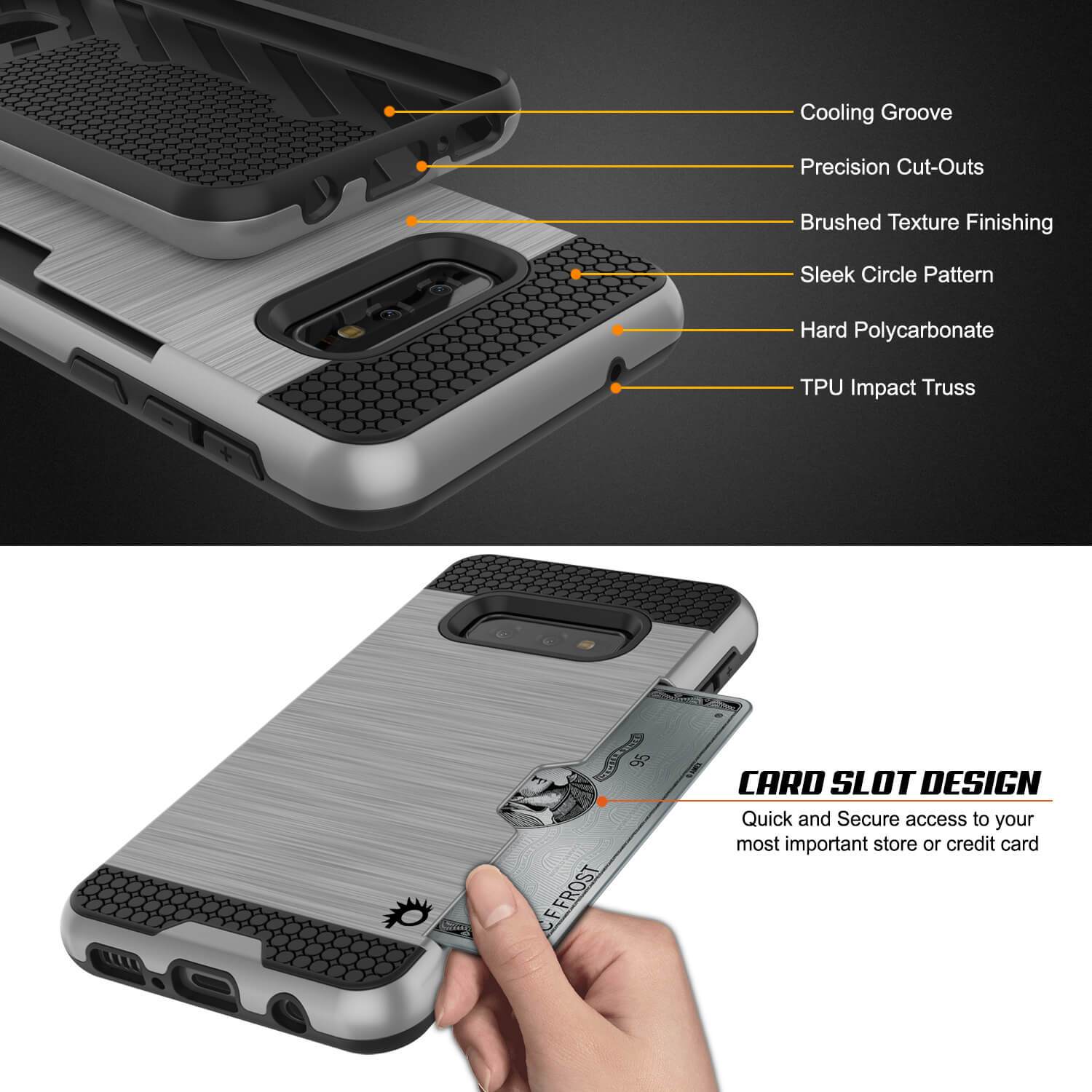 Capa Galaxy S10e, PUNKcase [Série SLOT] [Ajuste Fino] Capa de Armadura de Dupla Camada com Sistema Anti-Choque Integrado, Slot para Cartão de Crédito [Prateado]