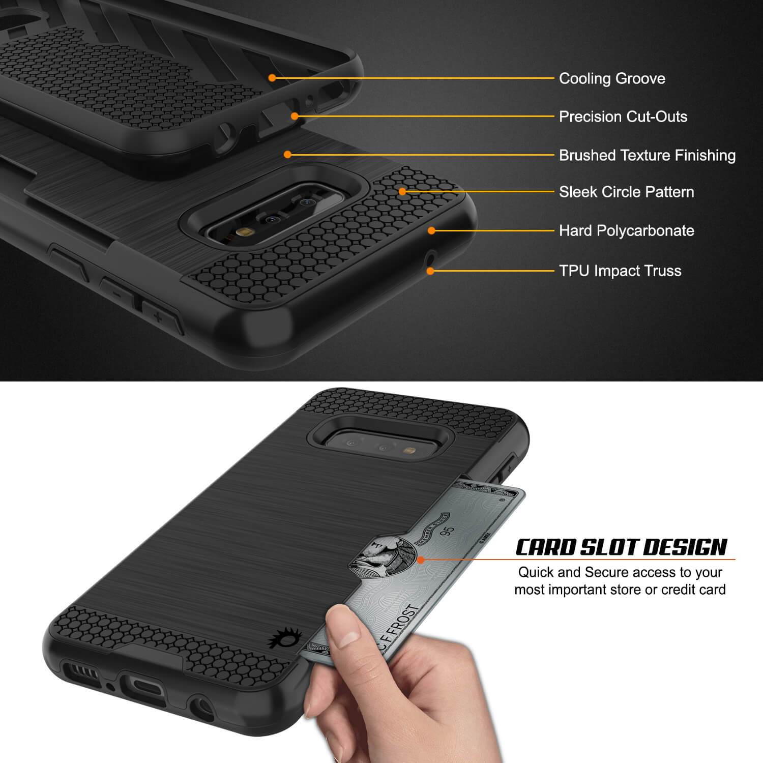 Capa Galaxy S10e, PUNKcase [Série SLOT] [Ajuste Slim] Capa de Armadura de Dupla Camada com Sistema Antichoque Integrado, Slot para Cartão de Crédito [Preto]