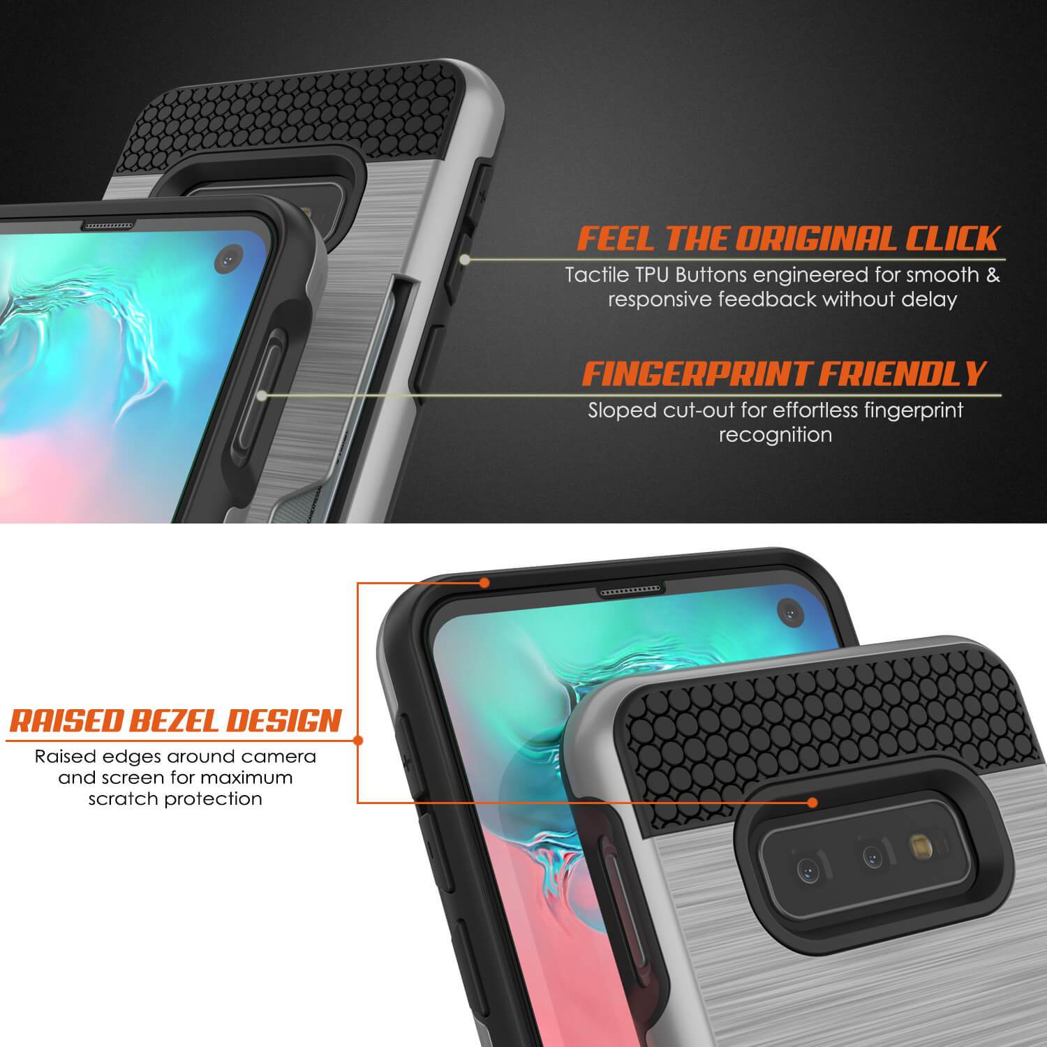 Capa Galaxy S10e, PUNKcase [Série SLOT] [Ajuste Fino] Capa de Armadura de Dupla Camada com Sistema Anti-Choque Integrado, Slot para Cartão de Crédito [Prateado]