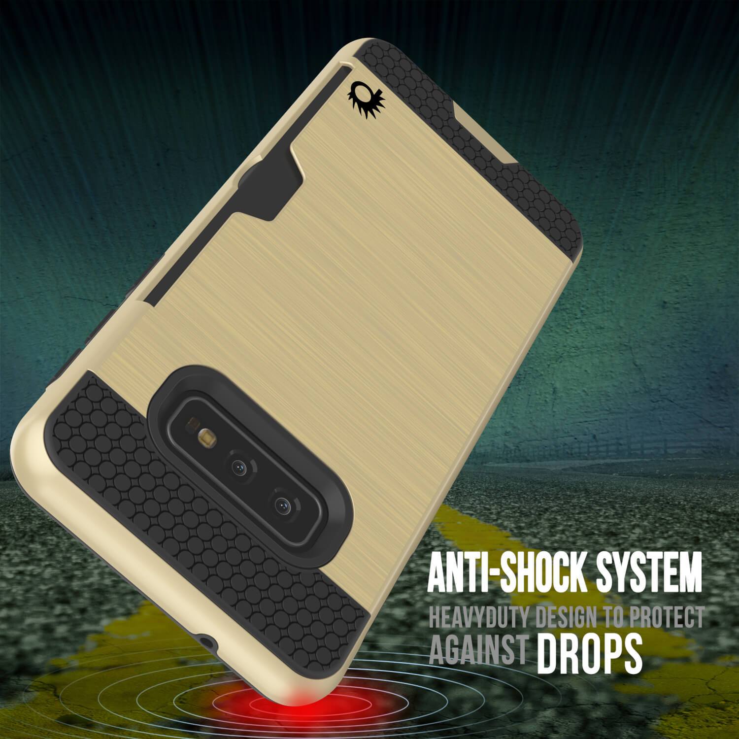 Capa para Galaxy S10e, PUNKcase [Série SLOT] [Ajuste Slim] Capa de Armadura de Dupla Camada com Sistema Anti-Choque Integrado, Slot para Cartão de Crédito [Dourado]