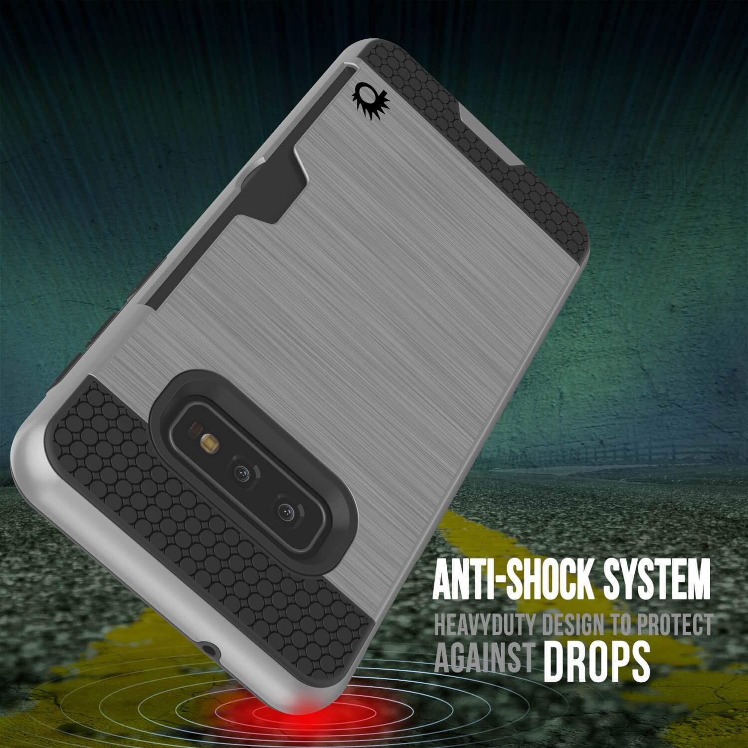 Capa Galaxy S10e, PUNKcase [Série SLOT] [Ajuste Fino] Capa de Armadura de Dupla Camada com Sistema Anti-Choque Integrado, Slot para Cartão de Crédito [Prateado]