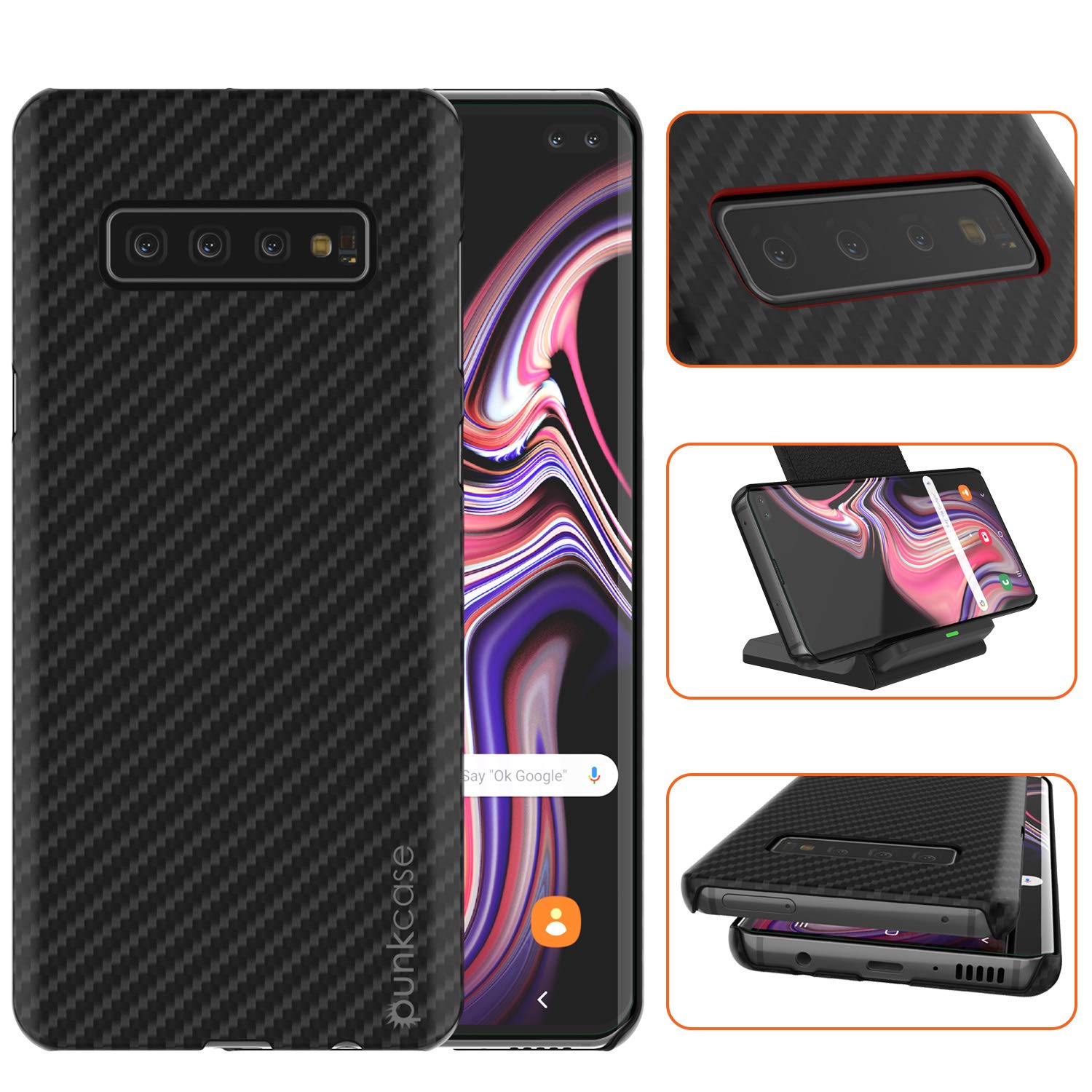 Capa Galaxy S10 Plus, Punkcase CarbonShield, Resistente e Ultra Fina, 2 Peças, Couro PU Preto Jet.