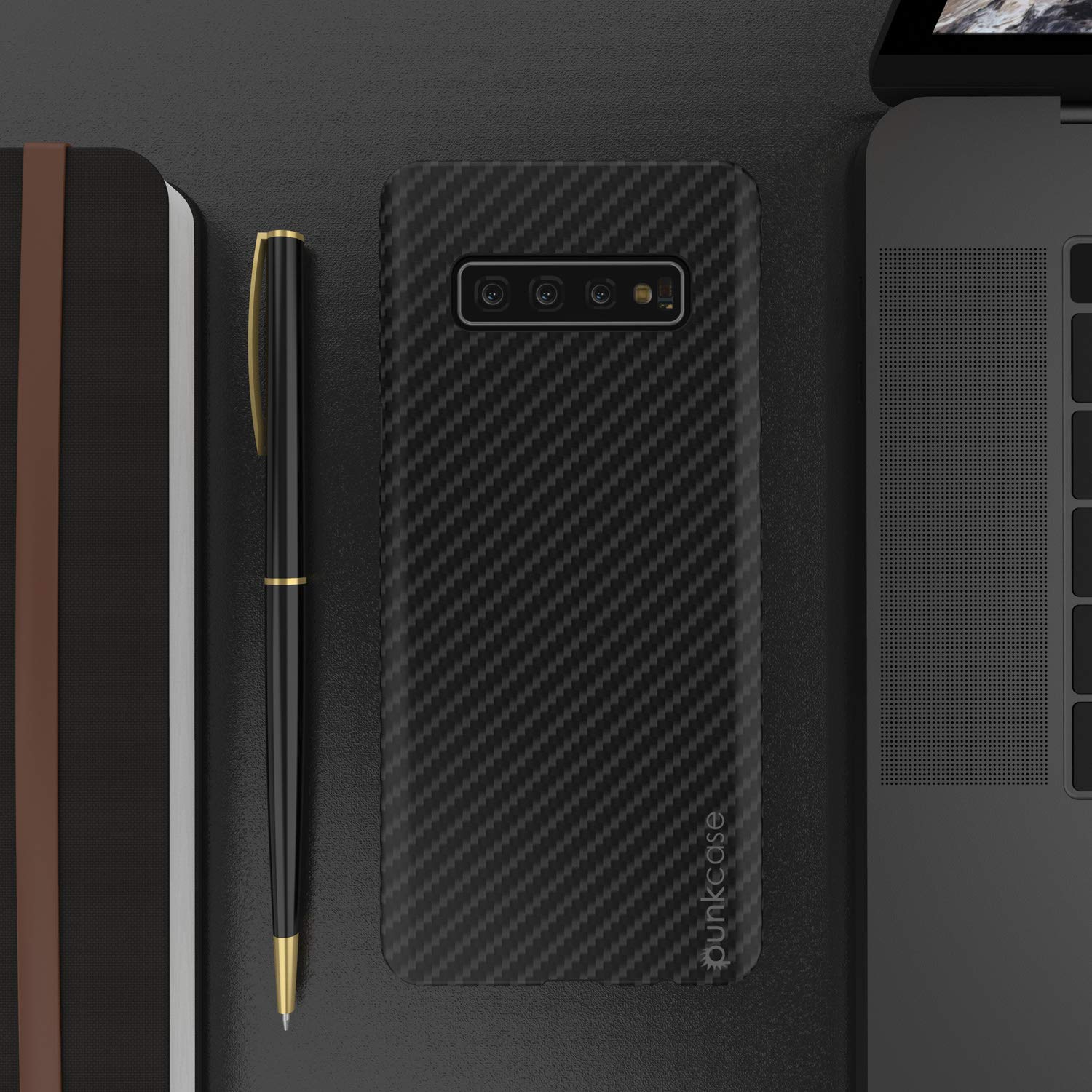 Capa Galaxy S10 Plus, Punkcase CarbonShield, Resistente e Ultra Fina, 2 Peças, Couro PU Preto Jet.