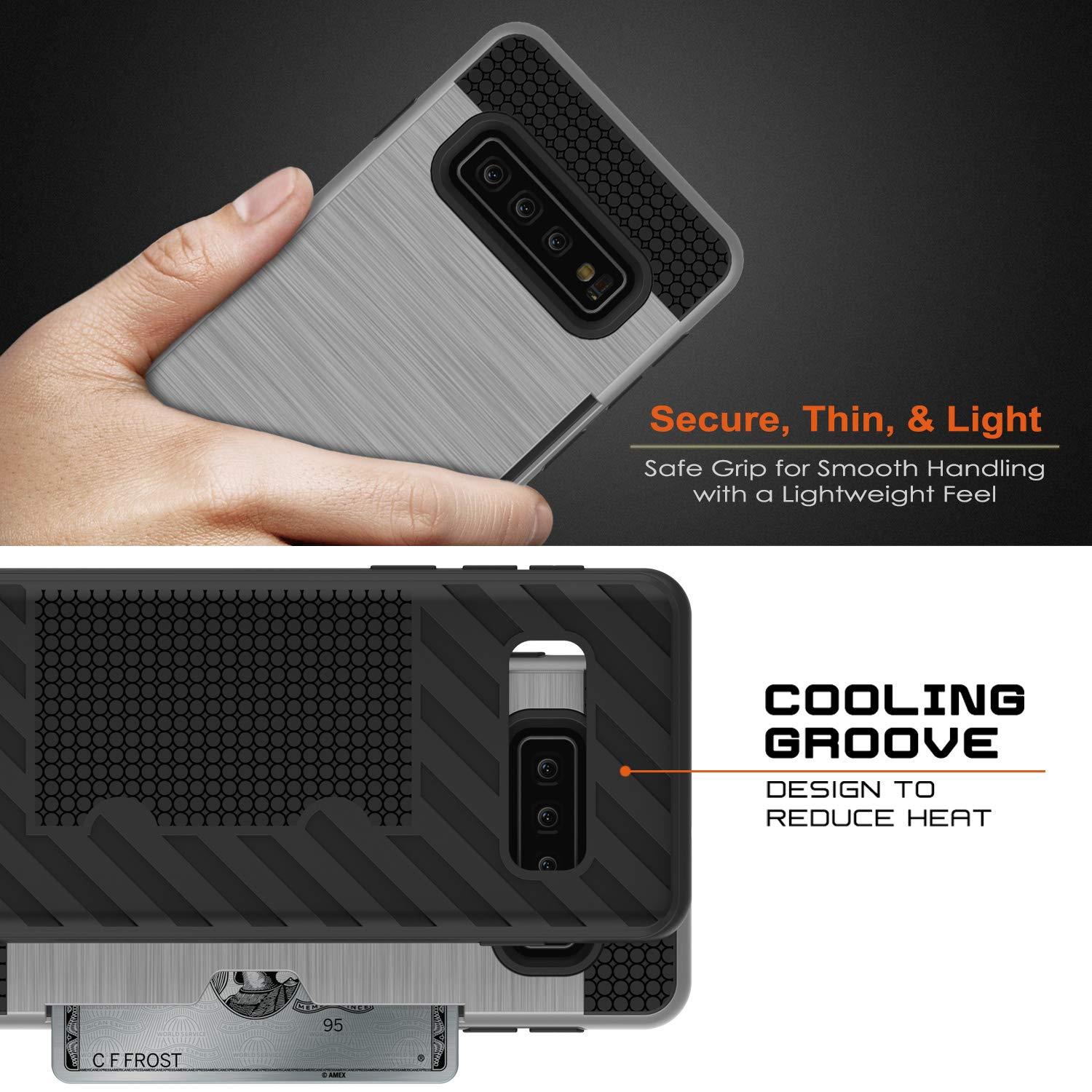 Capa Galaxy S10+ Plus, PUNKcase [Série SLOT] [Ajuste Fino] Capa de Armadura de Dupla Camada com Sistema Anti-Choque Integrado, Slot para Cartão de Crédito [Prateado]