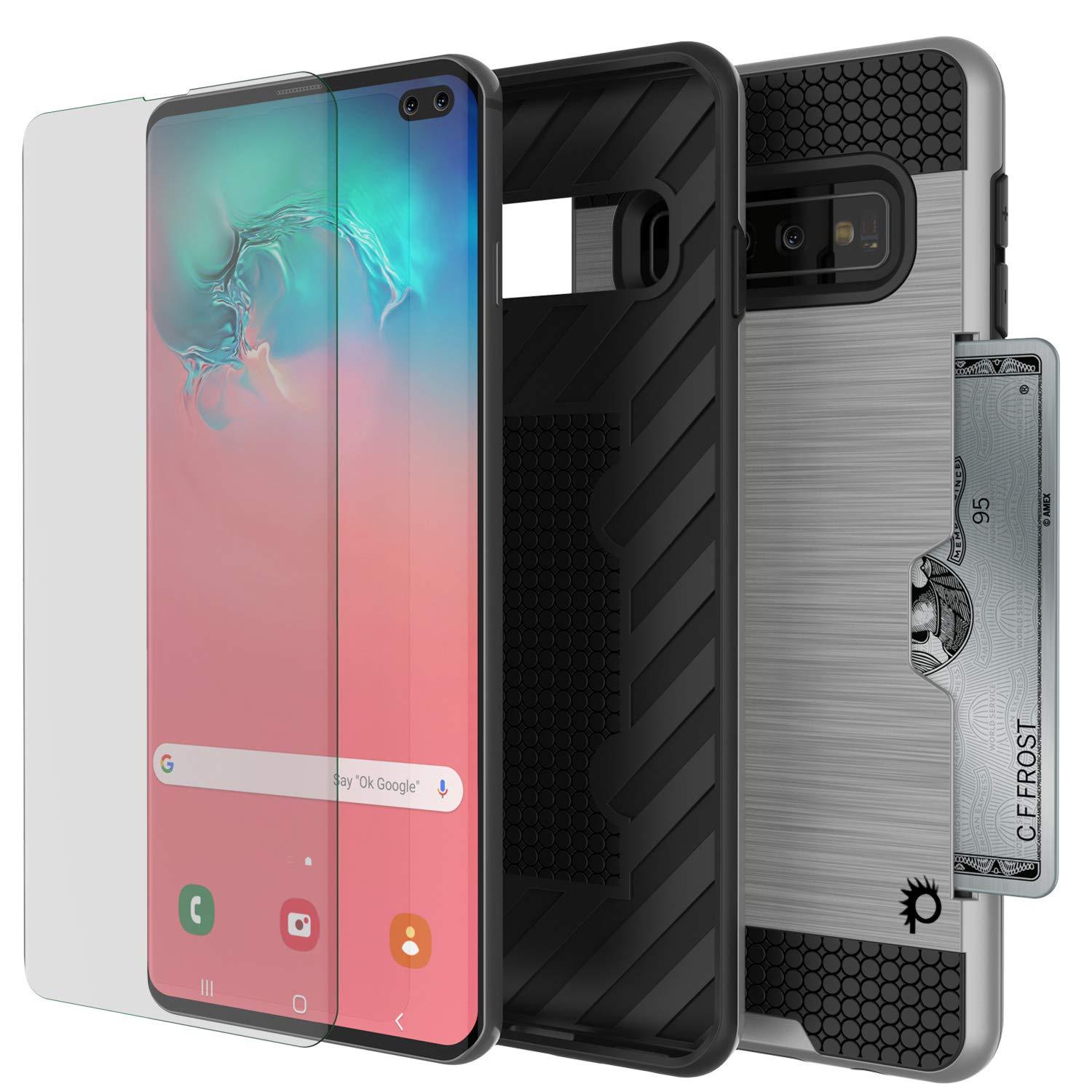 Capa Galaxy S10+ Plus, PUNKcase [Série SLOT] [Ajuste Fino] Capa de Armadura de Dupla Camada com Sistema Anti-Choque Integrado, Slot para Cartão de Crédito [Prateado]