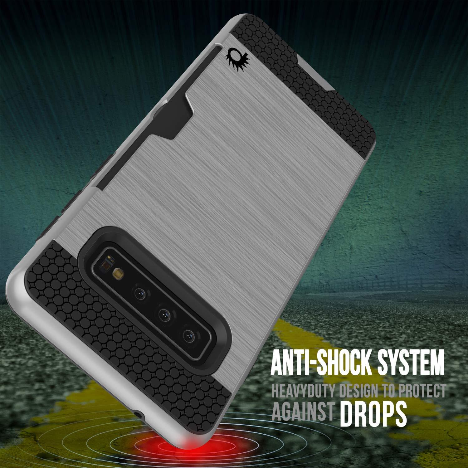 Capa Galaxy S10+ Plus, PUNKcase [Série SLOT] [Ajuste Fino] Capa de Armadura de Dupla Camada com Sistema Anti-Choque Integrado, Slot para Cartão de Crédito [Prateado]