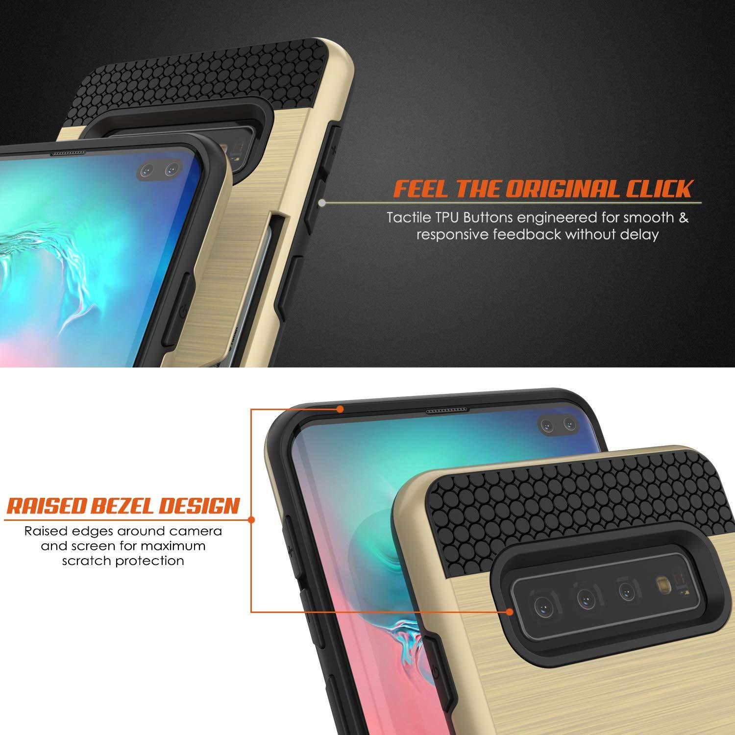 Capa Galaxy S10+ Plus, PUNKcase [Série SLOT] [Ajuste Fino] Capa Armadura de Dupla Camada com Sistema Anti-choque Integrado, Slot para Cartão de Crédito [Dourado]