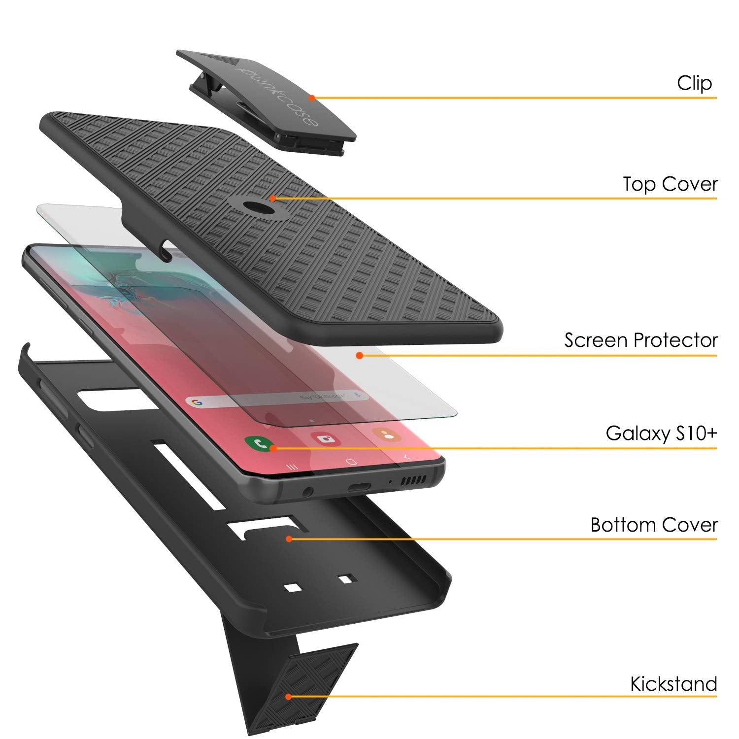 Capa Punkcase Galaxy s10 + Plus com protetor de tela, clipe de cinto para coldre [Preto]