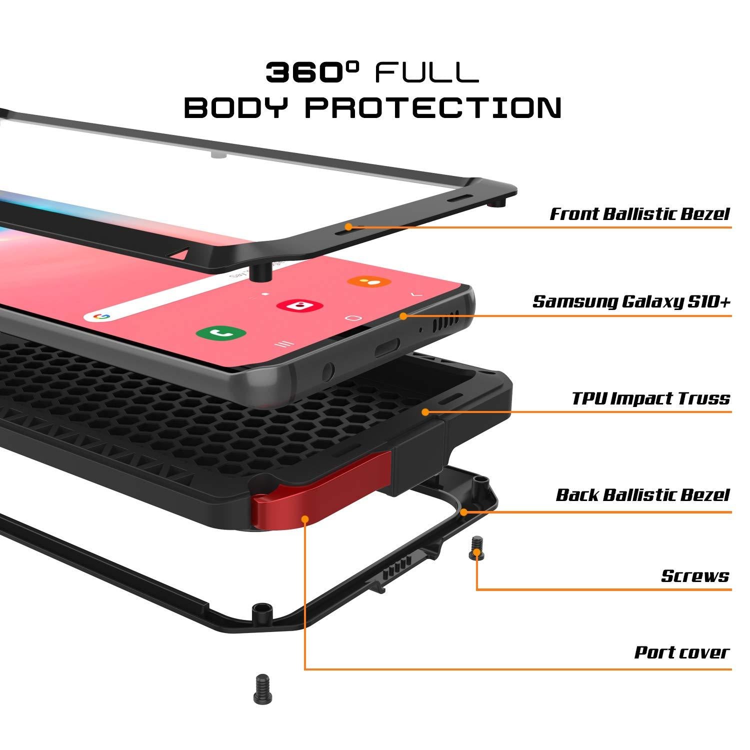 Caixa de metal Galaxy S10+ Plus, capa resistente de grau militar de alta resistência [Preto]