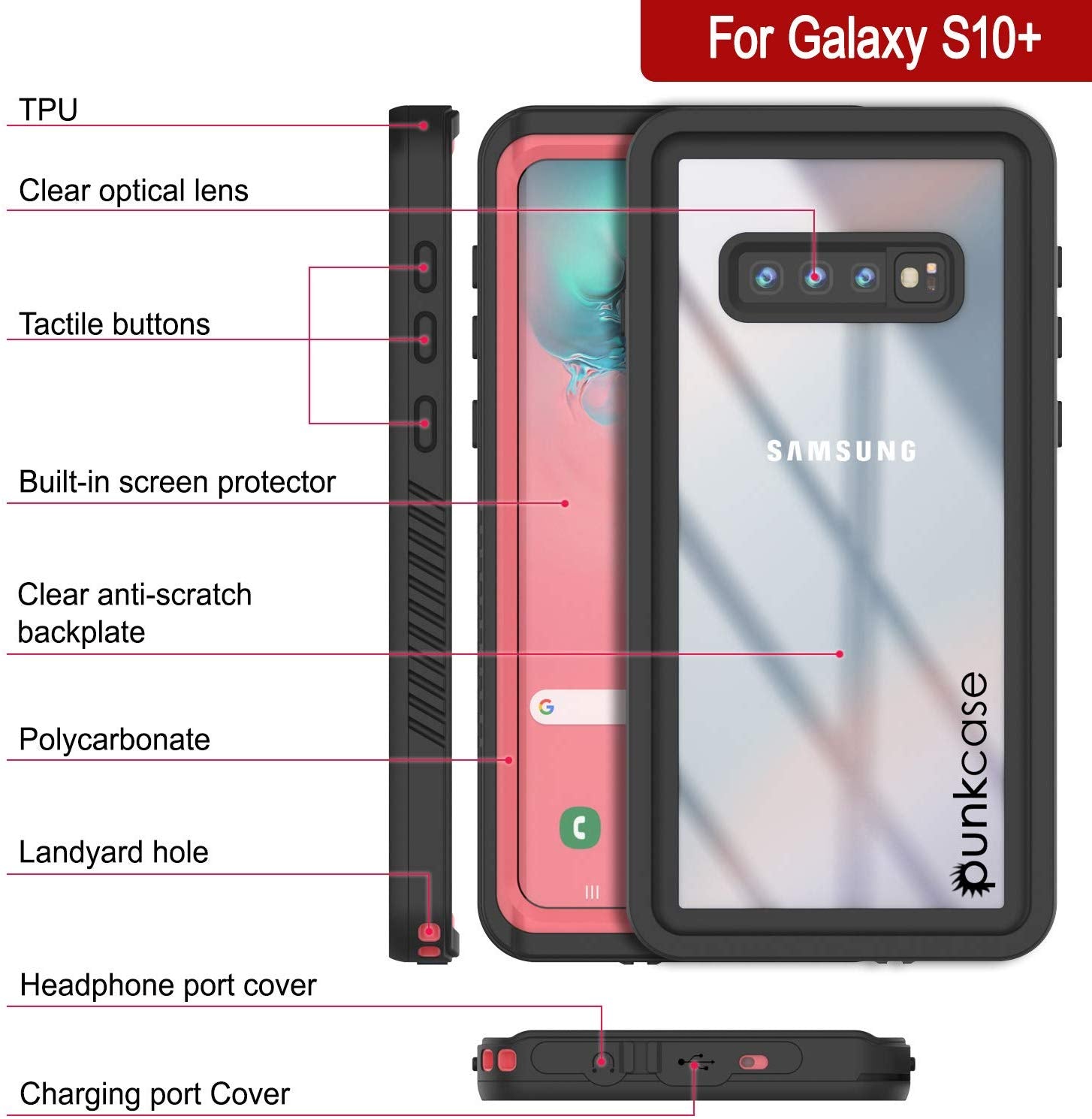Estojo protetor fininho à prova d'água, de choque e neve para Galaxy S10+ Plus [Rosa]