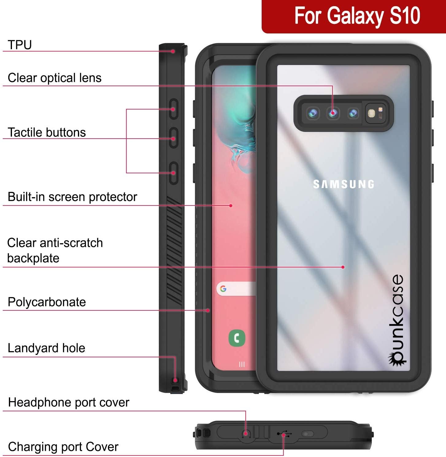 Capa à prova d'água/choque com protetor de tela para Galaxy S10 [Preto]
