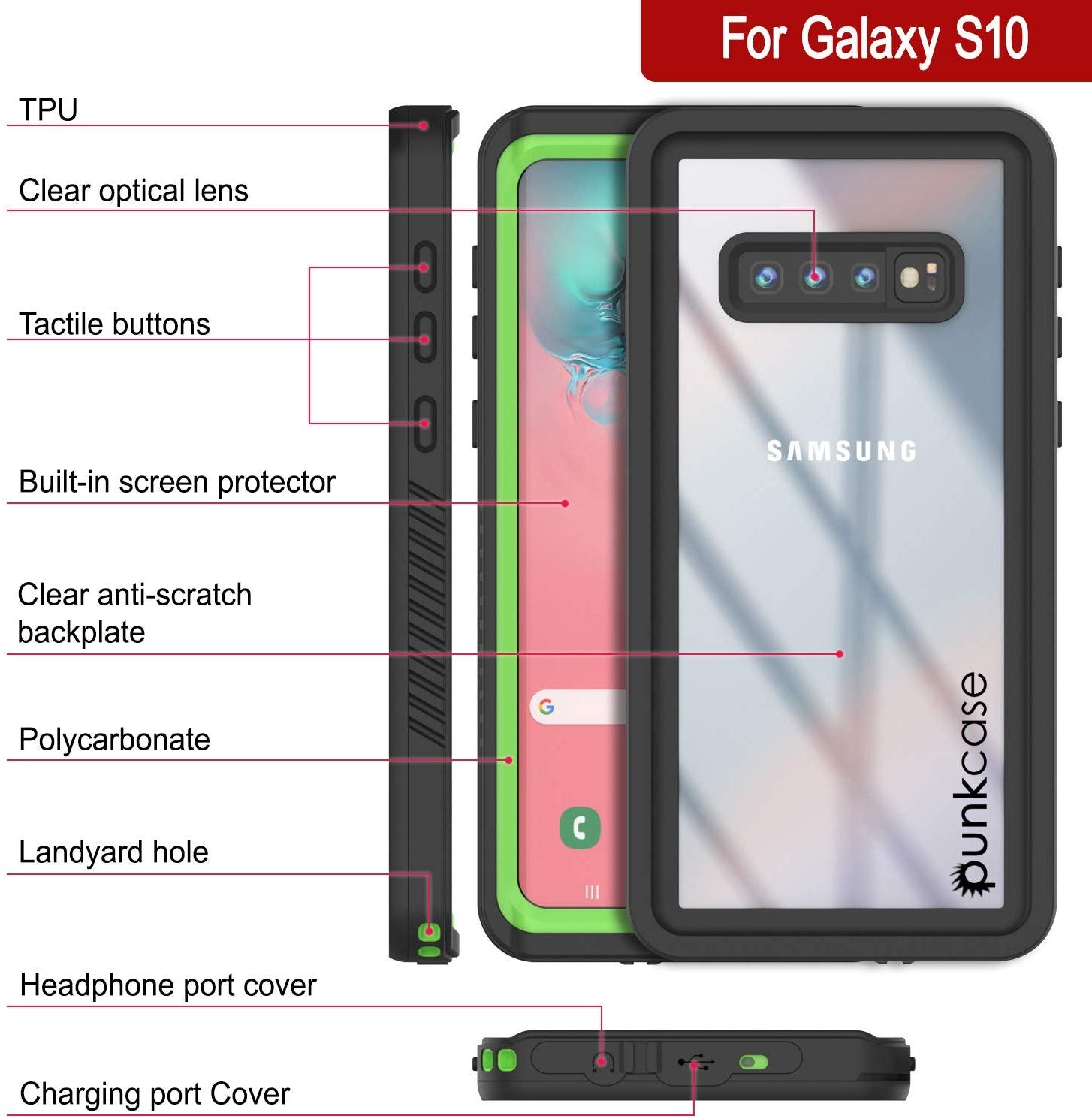 Protetor de Tela à Prova d'Água e de Choque para Galaxy S10 [Verde Claro]